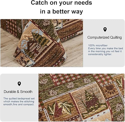 Miniatura 5 de Juego de edredón de oso de alce tamaño matrimonialqueen, juego de ropa de cama rústica de cabaña, colcha reversible para el hogar, colcha de