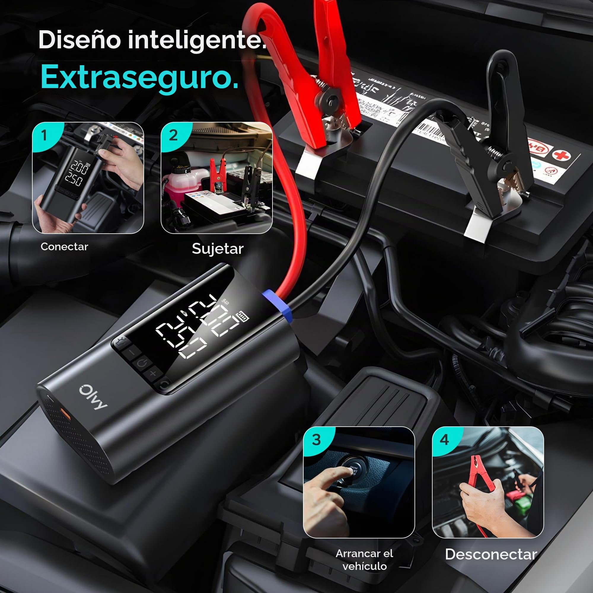 Arrancador portátil Olvy 4 en 1 con compresor de Aire, 1500 A de Potencia máxima, batería Externa de 12 000 mAh, protección Inteligente, luz LED, Pantalla Digital, Compacto para vehículos de Gasolina