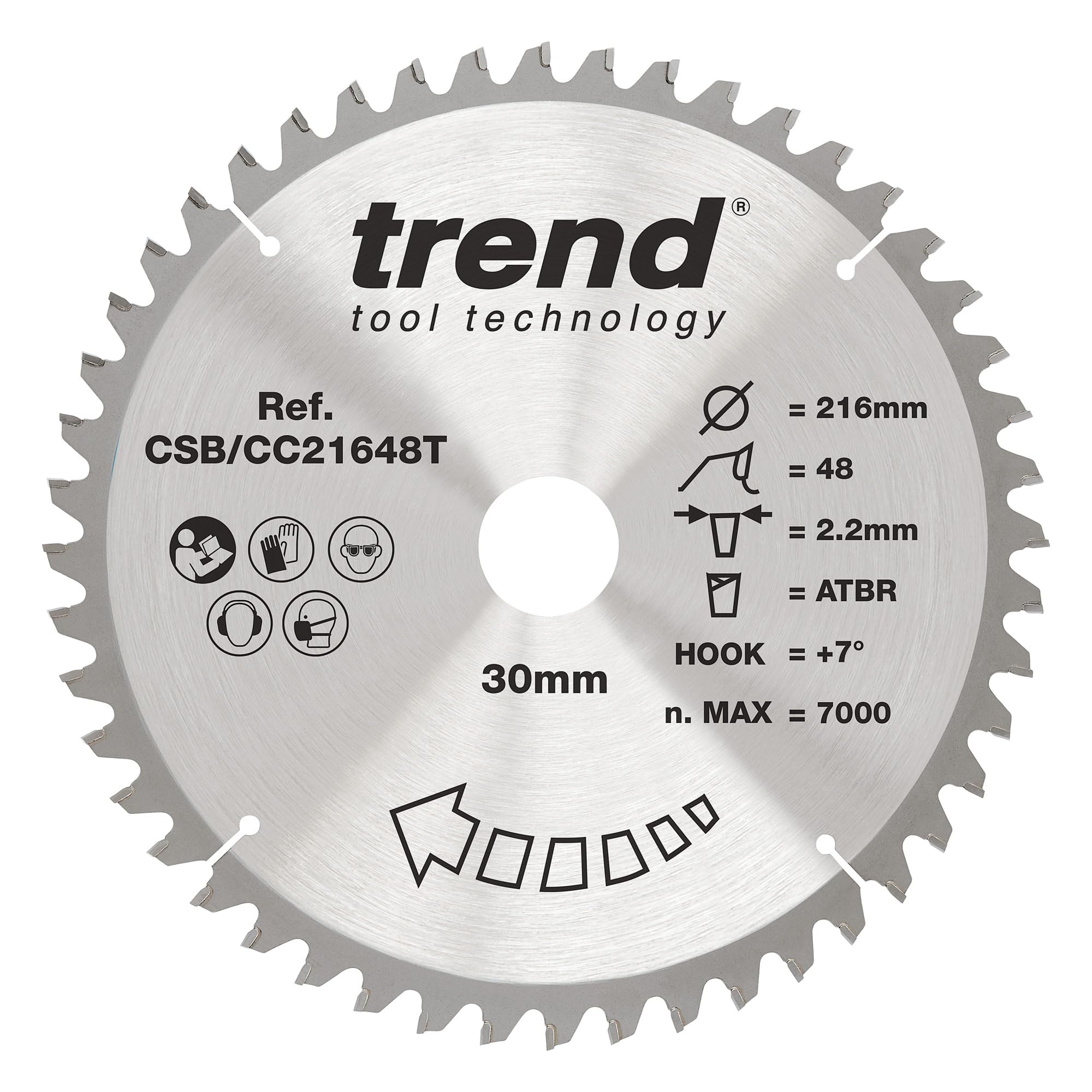 Trend Wood Cordless ATBR Mitre Saw Blade, 216mm Diameter, 30mm Bore, 48 Teeth, 2.2mm Kerf, +7° Hook, TCT, Fine Finish, CSB/CC21648T
