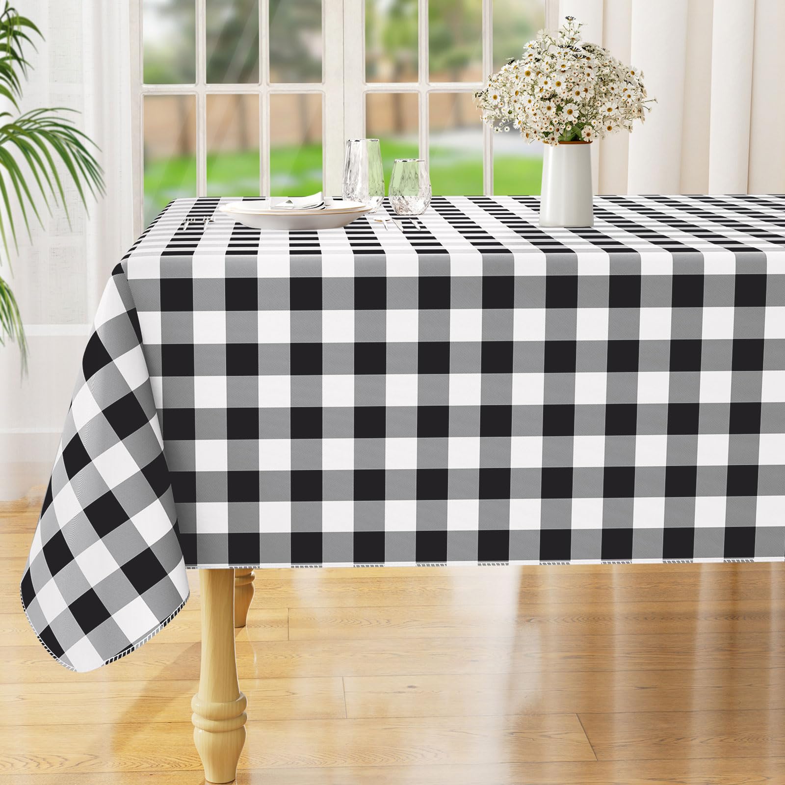 misaya Rectangle Waterproof Vinyl Table Cloth, Buffalo Flannel Backed Tablecloth, Wipeable Plastic Table Cover for Dinner, Kitchen, Outdoor (60" x 84", Black and White)