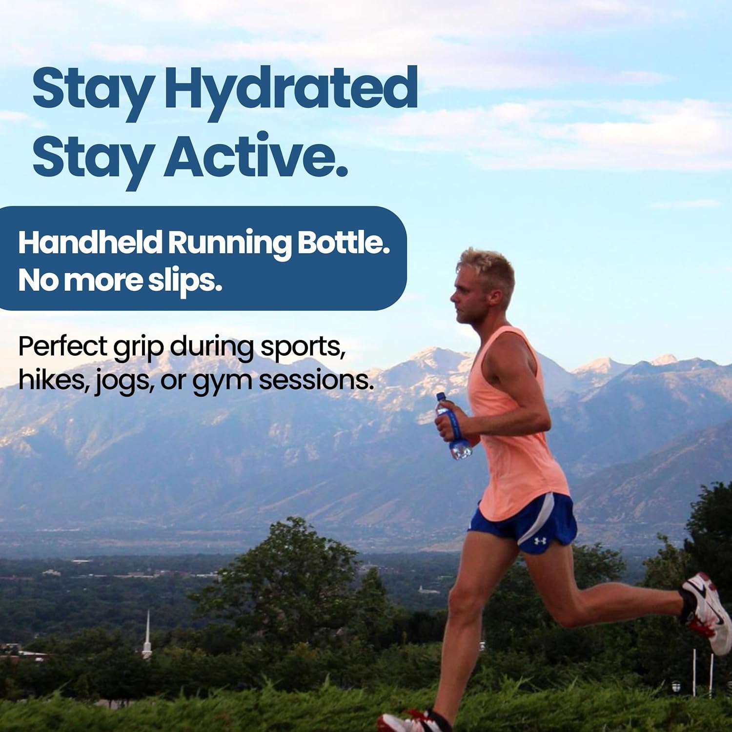 Man running outdoors holding a water bottle with BottleBand