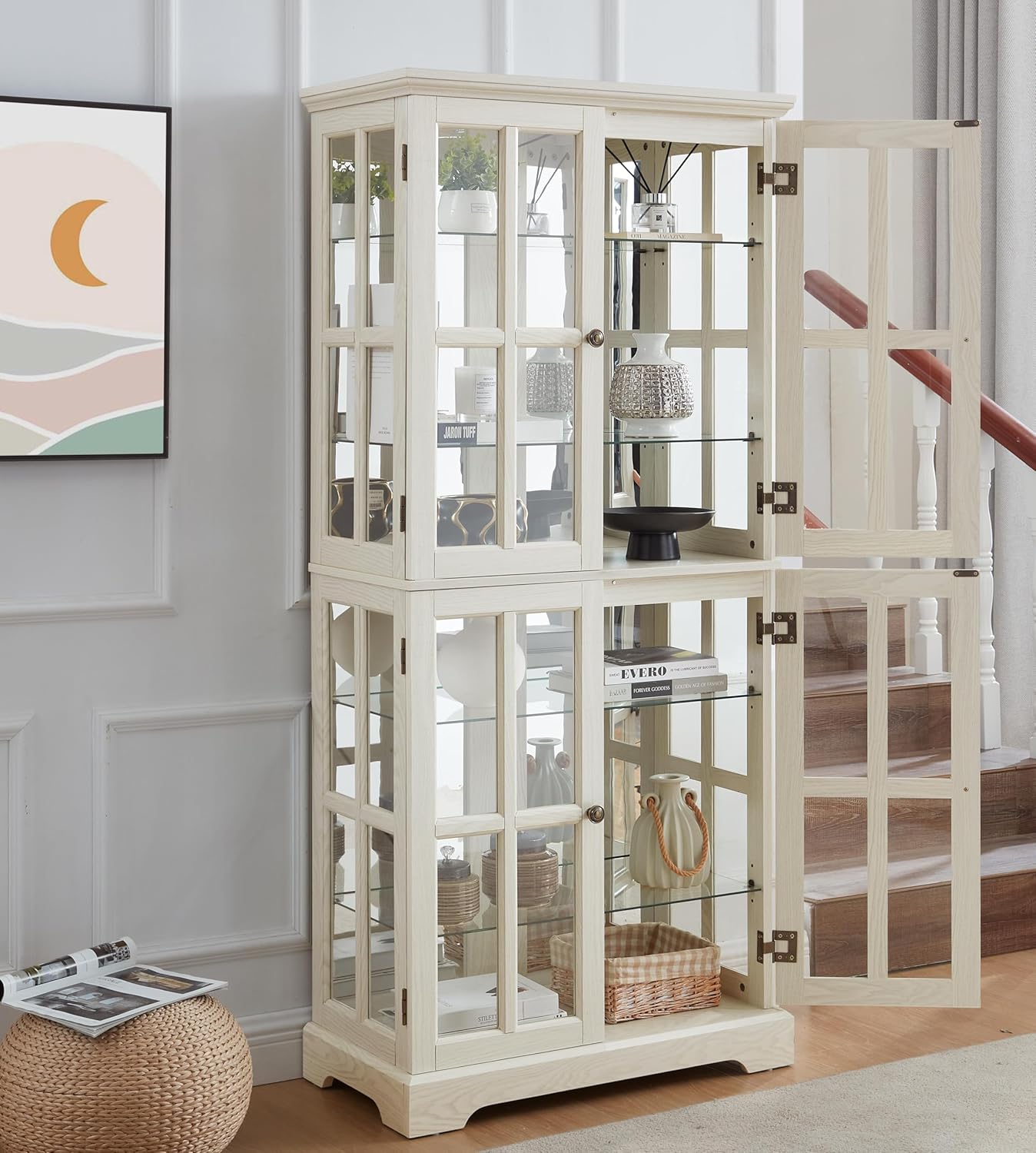 Antique Glass High Display Cabinet with 4 Grid Doors, Adjustable Shelves, Elegant Metal Handles, and Built-in Lighting - Perfect Vintage Showcase for Collectibles, Books, and Wine Bottles (White)