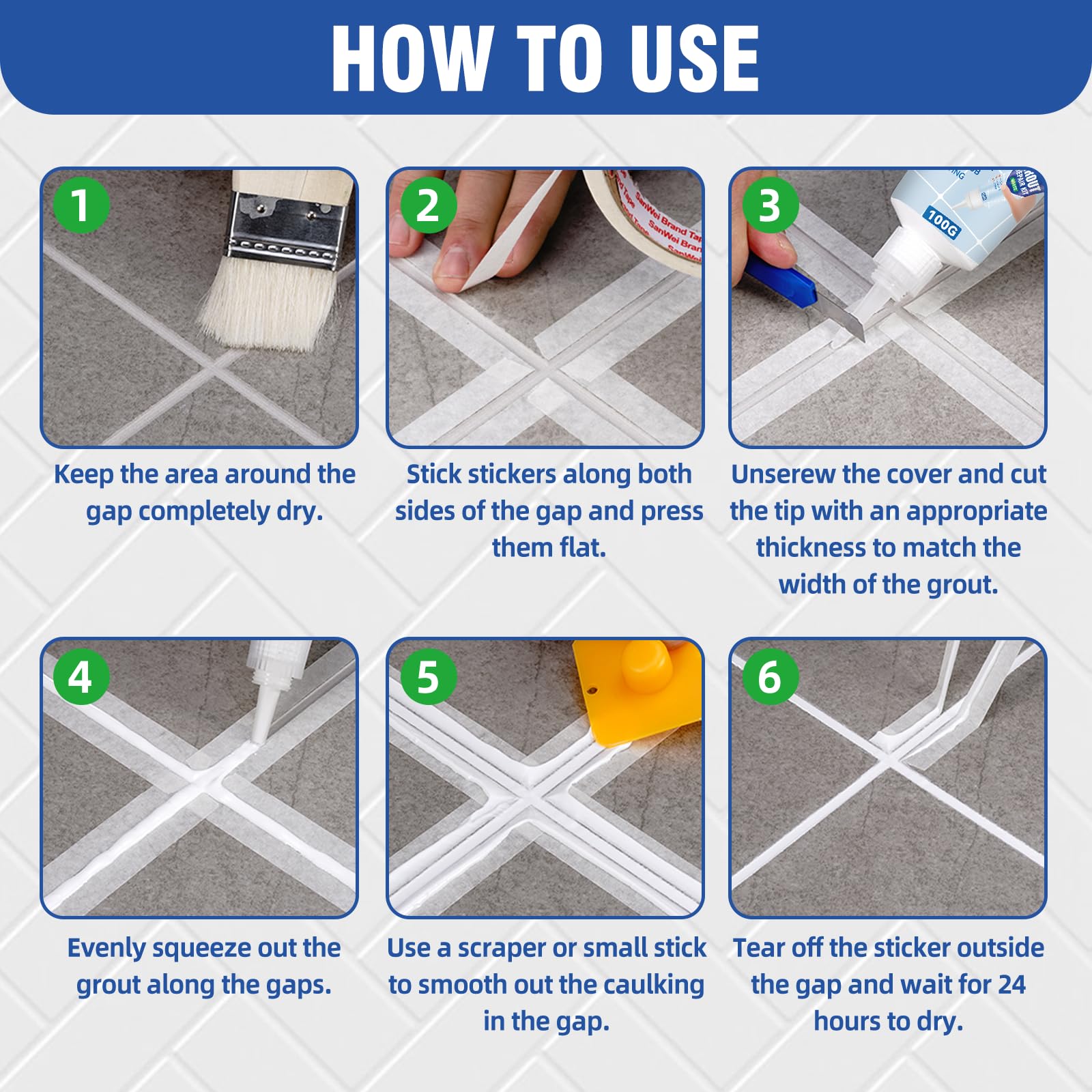 Set di riparazione per piastrelle, penna bianca ad asciugatura rapida, per fughe, per bagno, doccia, pavimenti e pareti (Bianco 100g*2)