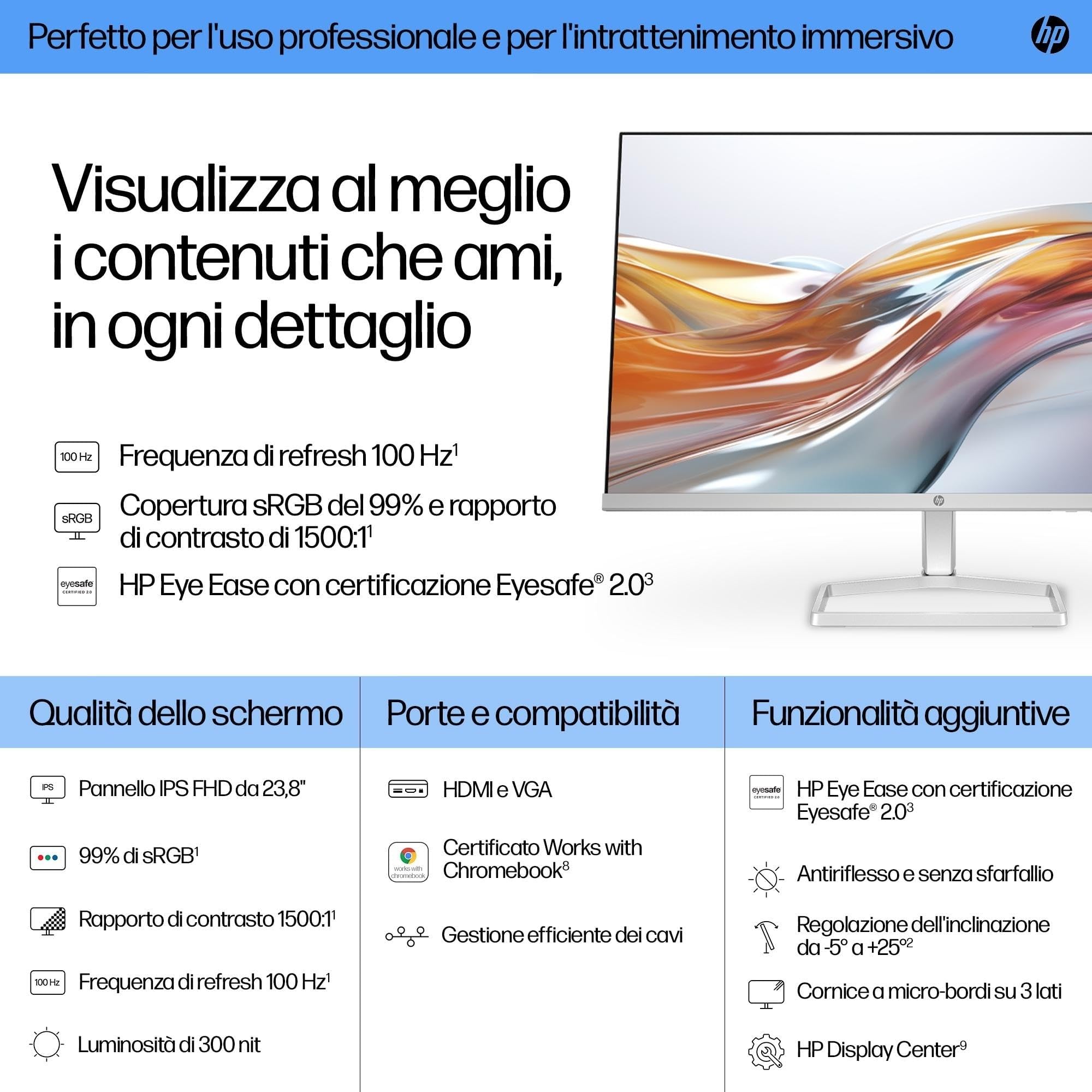 HP 524sw Monitor, Schermo da 23.8" FHD IPS Antiriflesso, Tecnologia Eye Ease, Tempo Risposta 5 ms GtG Overdrive, Risoluzione 1920 x 1080, Software Display Center, HDMI, Bianco