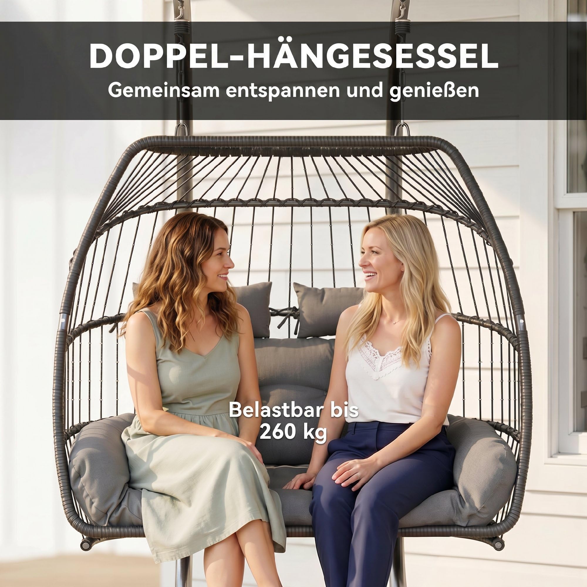 Outsunny Wiszący fotel składany z ramą dla 2 osób 260 kg Ciemnoszary | Kosz wiszący z poduszkami, Polyrattan, ergonomiczny, huśtawka, krzesło wiszące, fotel na balkon i taras