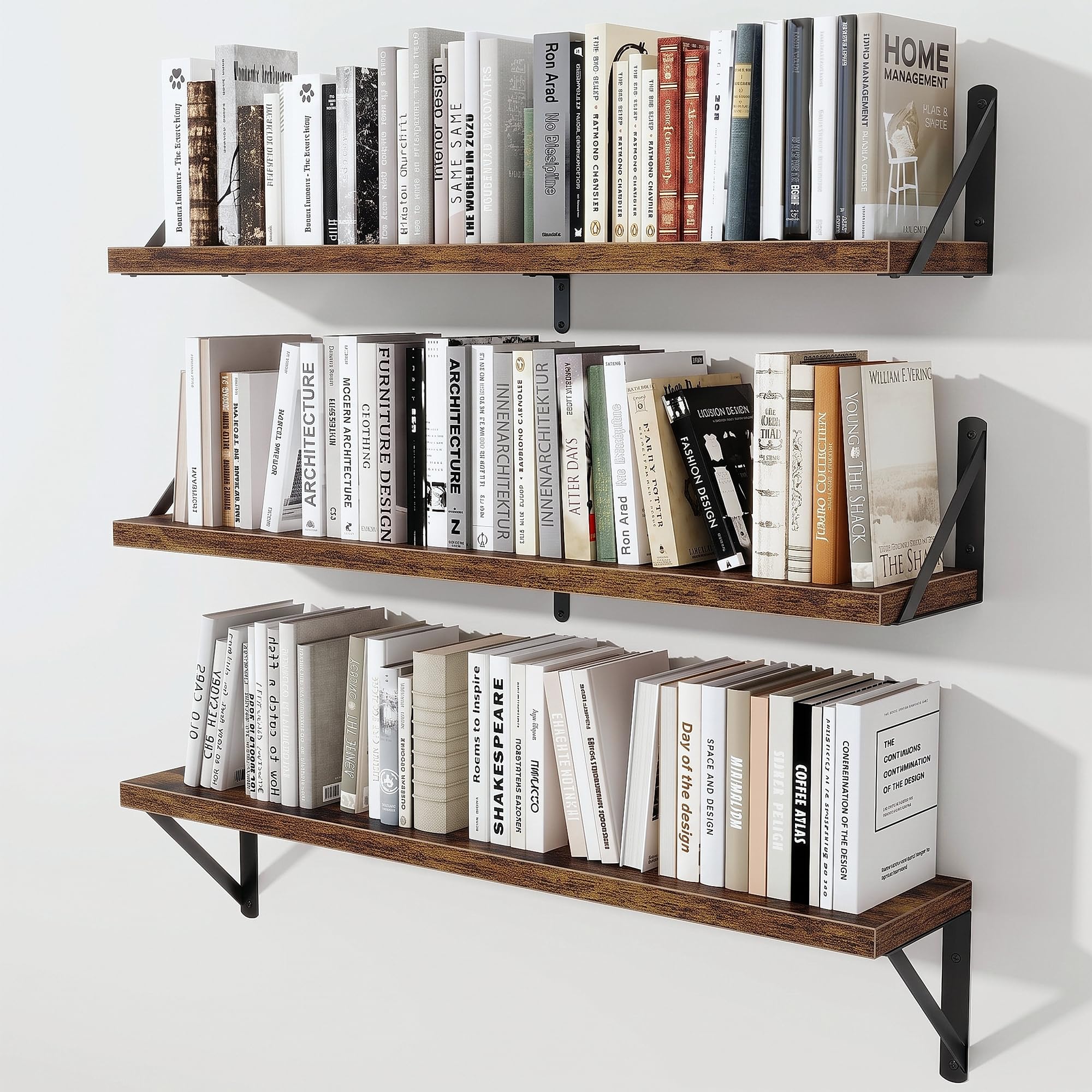 15cm Deep Floating Shelves, 90cm Long, 20kg Capacity, Brown Finish, 3pcs — image 1