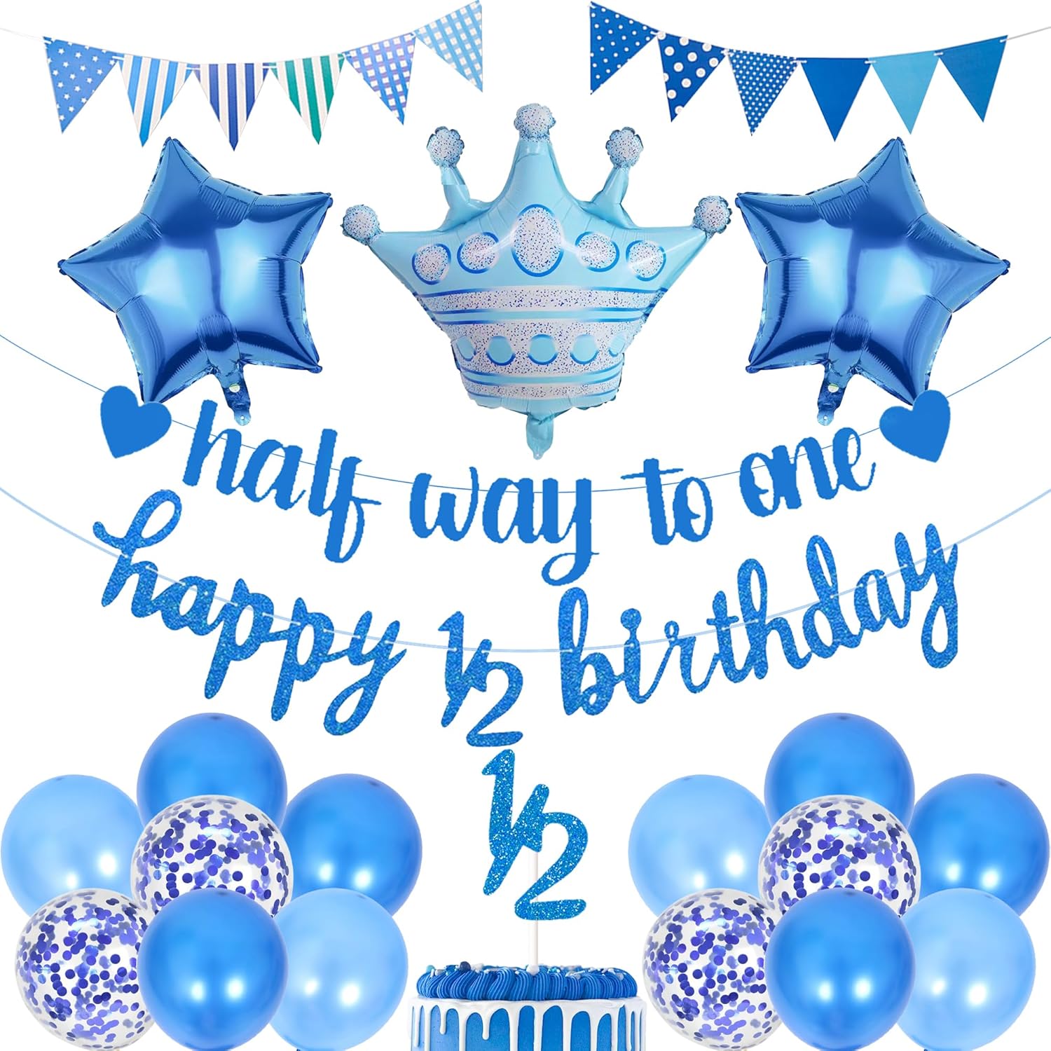 Half Way To One Banner - 20 Pcs Blue 6 Months Birthday Decorations Including Happy 1/2 Birthday Banner Cake Topper Star Foil Balloon Latex Balloons for Baby Shower Baby Boys Party Supplies - Image 4