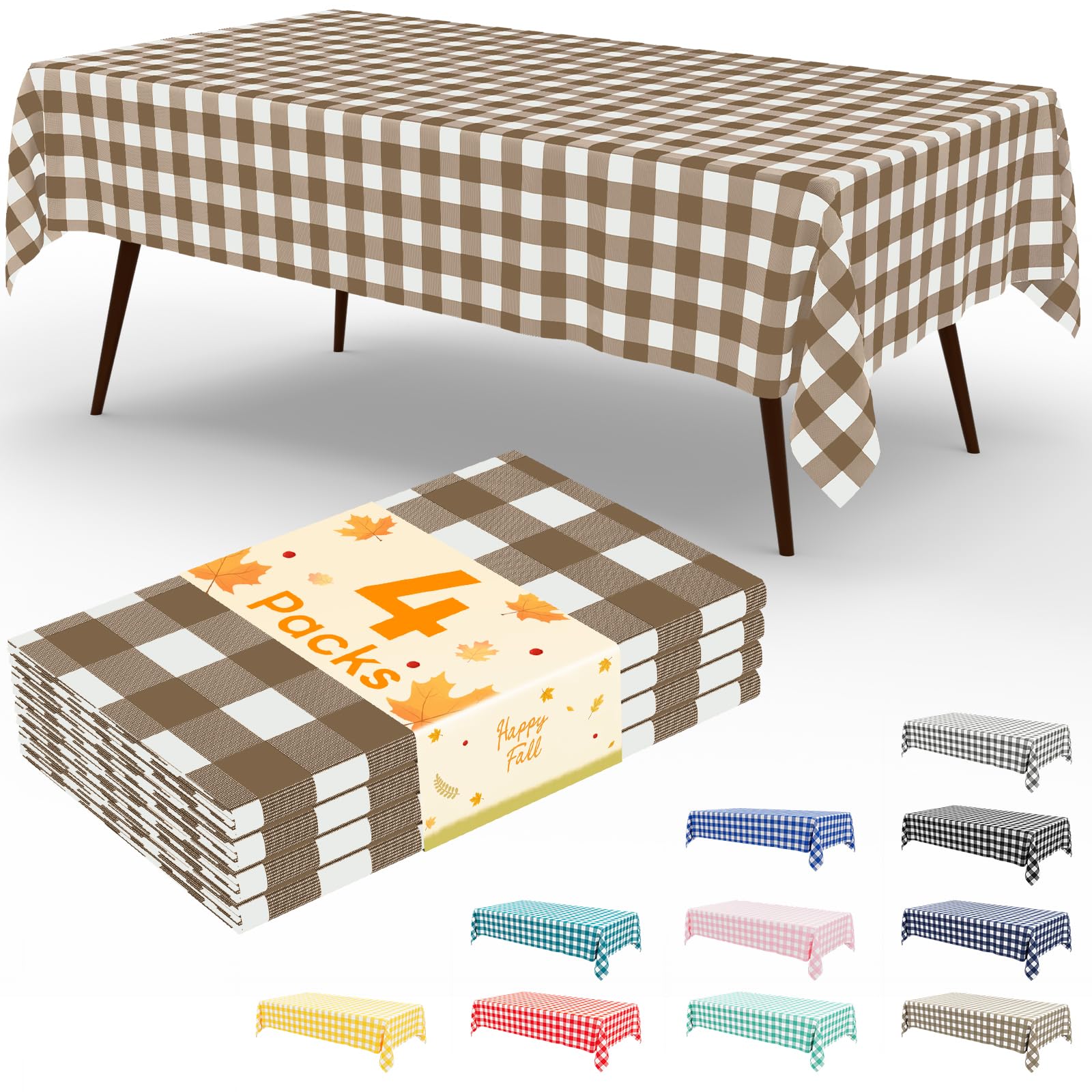 misaya 4 Packs Buffalo Disposable Table Cloth, 54 x 108 Inch Waterproof Plastic Tablecloth, Rectangle Brown and White Checkered Table Covers for Fall, Thanksgiving Decorations