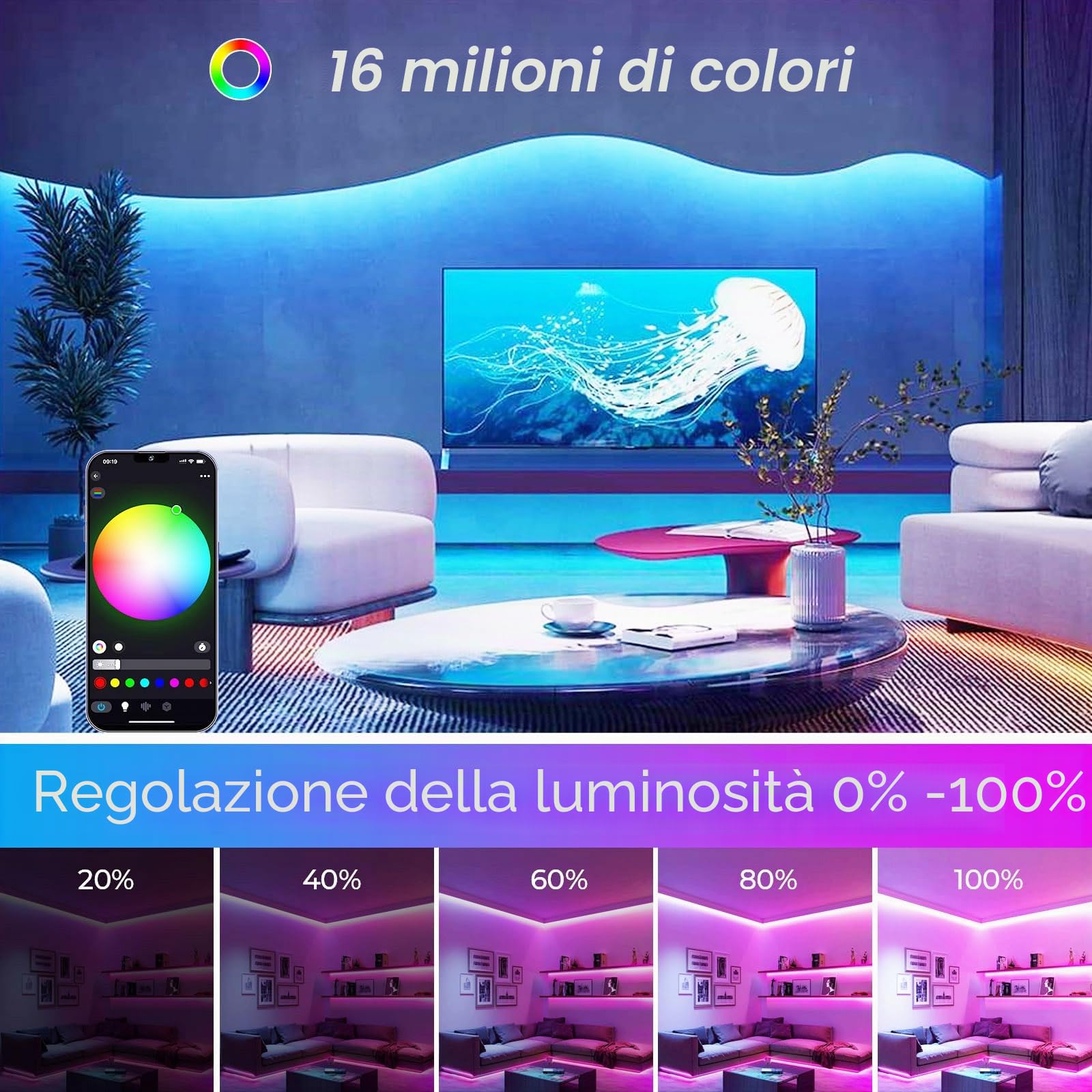 10M WiFi Striscia LED RGB COB luminosa LED, 24V Striscia LED COB RGB dimmerabile con telecomando e alimentatore, striscia luminosa LED ad alta densità 576LEDs/M,compatibile con Alexa, Google home