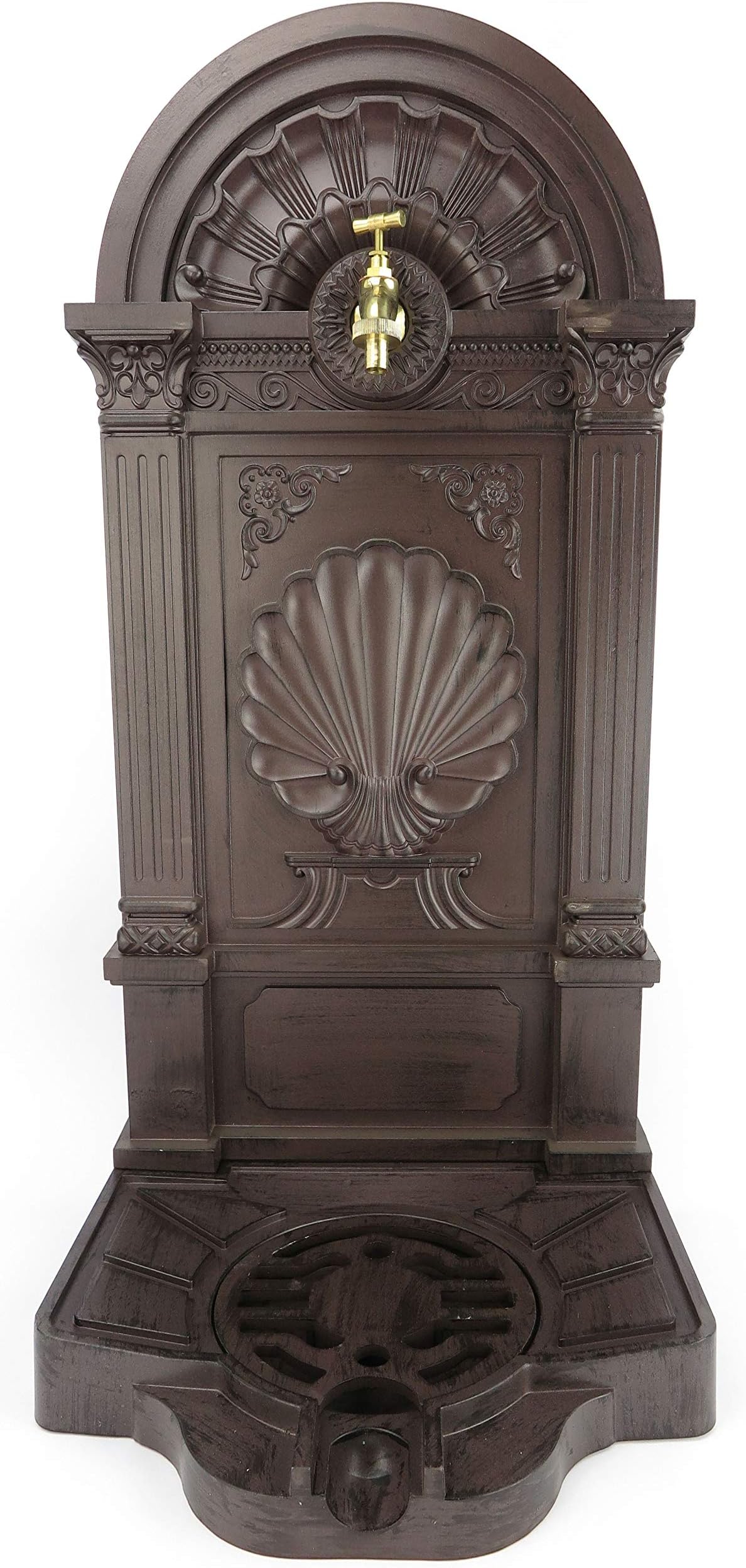Clever-Deko Wall Fountain with Tap - Antique Brown Aluminium with Brass - Height 83cm, Width 39cm, Depth 34cm - Water Connection Height 64.5cm - Weight 6.3kg