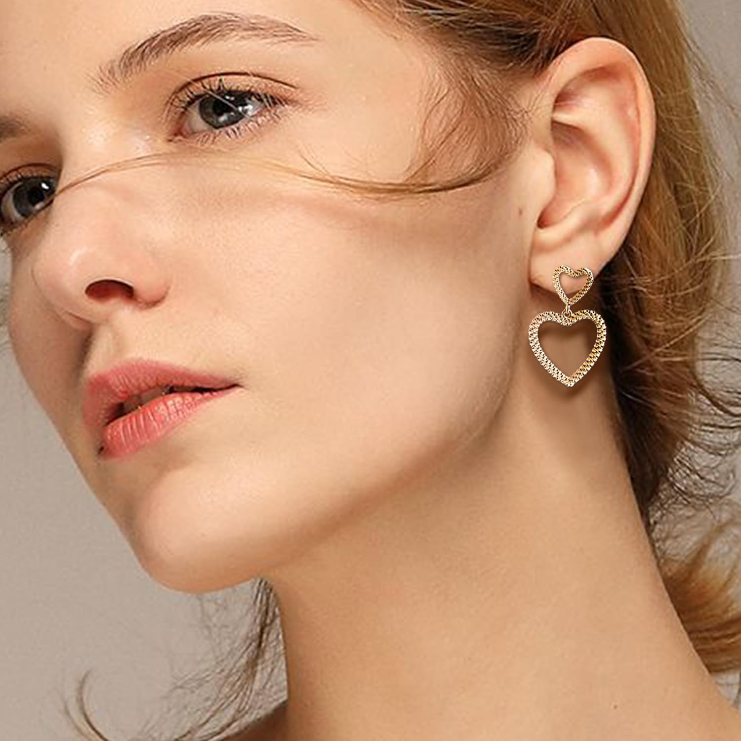 JeanBeau Big Gold Chunky Double Heart Hoop Dangle Drop Stud Earrings for Women, Mother Day Valentine Trendy Statement Love Dangling Earing Prom Jewelry Gift. - Image 2