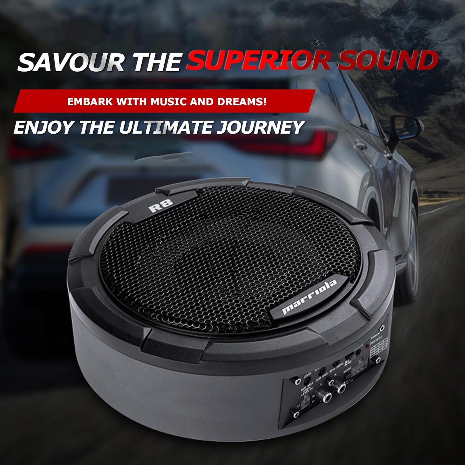 Marriola R8 Slim Under-Seat Powered Subwoofer with Built-in Amplifier – Compact Bass Upgrade for Car Audio, 8 Inch, Easy Install, High-Level & RCA Inputs, Complete Wiring Kit
