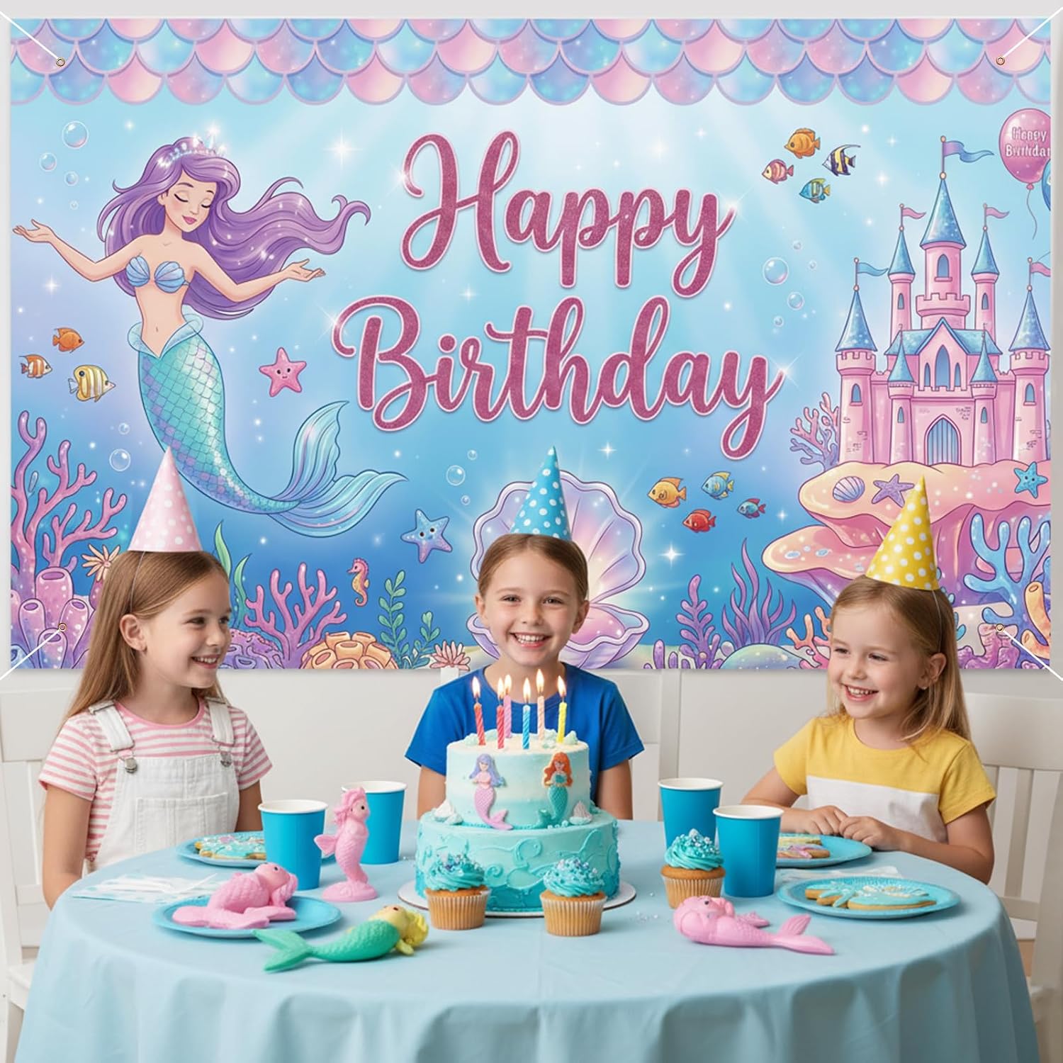 Mermaid Birthday Backdrop, Underwater Castle Party Decoration Banners, Blue Under the Sea Coral Birthday Photo Booth Props & Party Supplies, 71x43" image 5