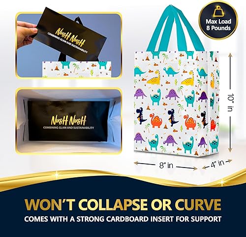 Miniatura 5 de Nush Nush Bolsa de regalo de dinosaurio tamaño mediano  Juego de 12 bolsas de regalo de dinosaurio con asas, bolsas de regalo reutilizables para