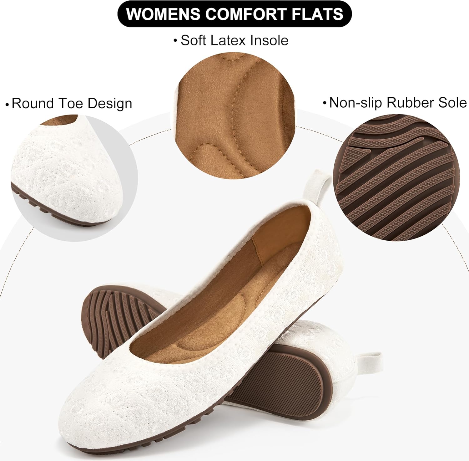 Ecetana Flats for Women Dress Shoes: Round Toe Comfortable Flat Ballet Shoes 2025 Casual Slip On Foldable Loafers White - Image 4