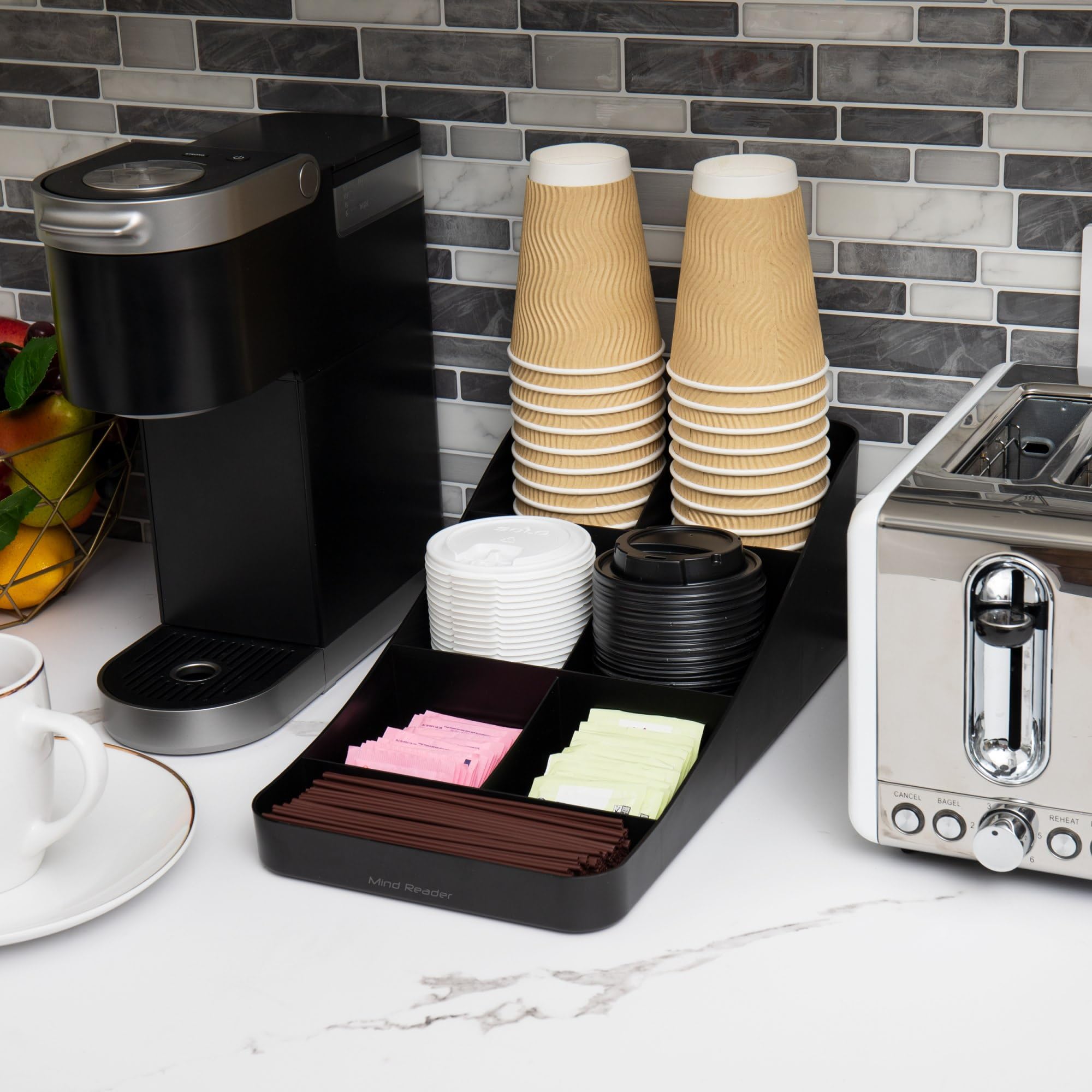 Mind Reader 2COMP7-BLK - Dispenser per tazze da caffè e condimenti a 7 scomparti, set da 2, 39,4 x 18,4 x 13,3 cm, in plastica, colore: nero