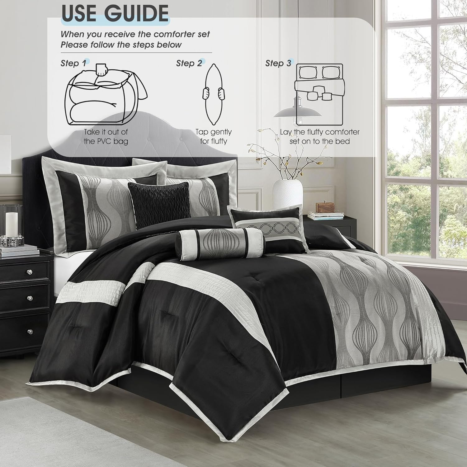 LANCO MODERN LIFESTYLE Queen Comforter Set, Black Silver, 7 Pieces Bed in a Bag, Soft Jacquard with Solid Piecework, Luxury Bed Set with Comforters, Bed Skirt, Pillow Shams and Decorative Pillows