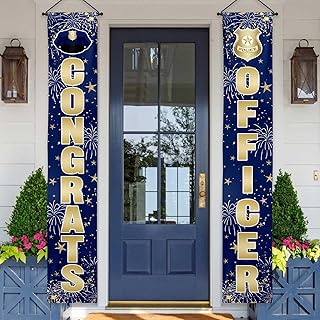 Lofaris Congrats Officer Porch Banner Police Party Decorations Yard Sign Blue and Gold Hanging Sign Police Academy Cops Retirement Presidential Inauguration Party Door Banner Porch Banner for Outdoor Wall Front Door Decor 2 Pieces 70.87x11.81inch