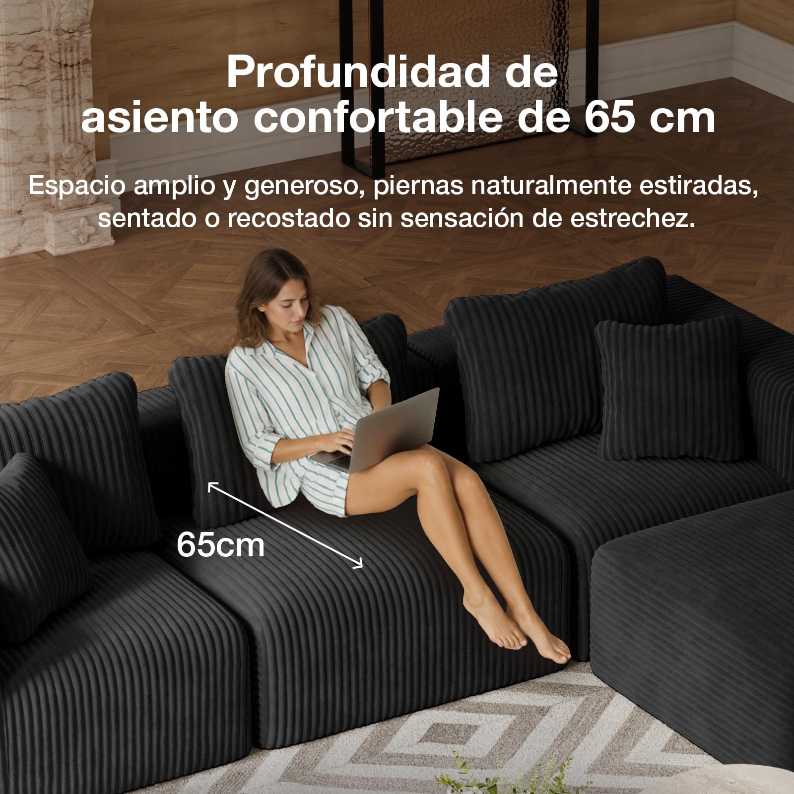 Novilla 270 cm Sofá Esquinero Modular Componible 3 Plazas en Terciopelo | Muelles Ensacados Smarts Coil®, Sin Montaje, Terciopelo Acanalado, 5 Cojines Incluidos
