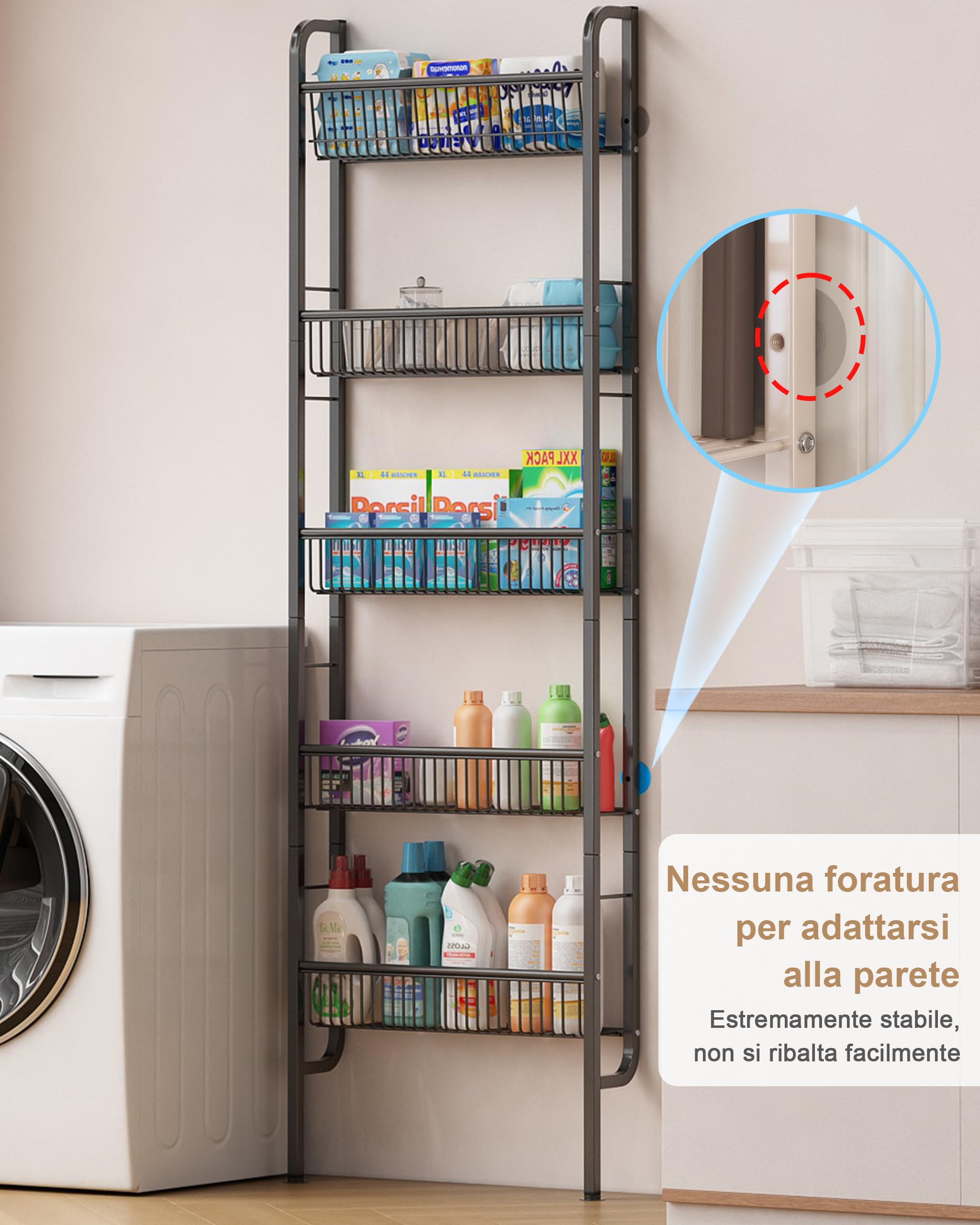 UMDONX Scaffale stretto per bagno, scaffale da parete per cucina, scaffale a scala a 5 livelli, scaffale per libri, scaffale multifunzionale in metallo per spazi ristretti-Nero