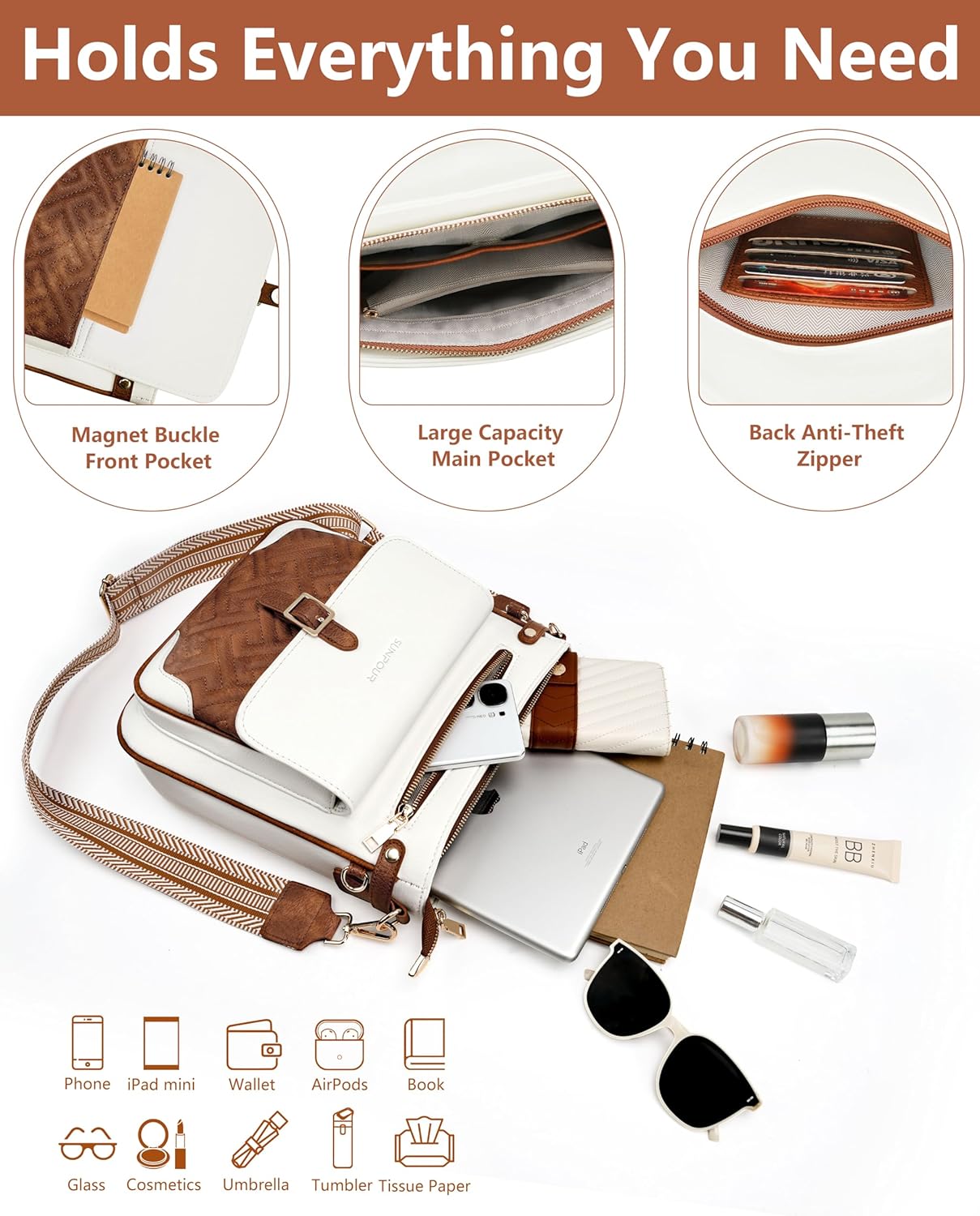 Large Crossbody Bags for Women, Multi-Pocket Leather Crossbody Purses, RFID Vegan Leather Travel Shoulder Handbag | Quilted Design, Smooth-glide Zippers, Structured bag - Image 5