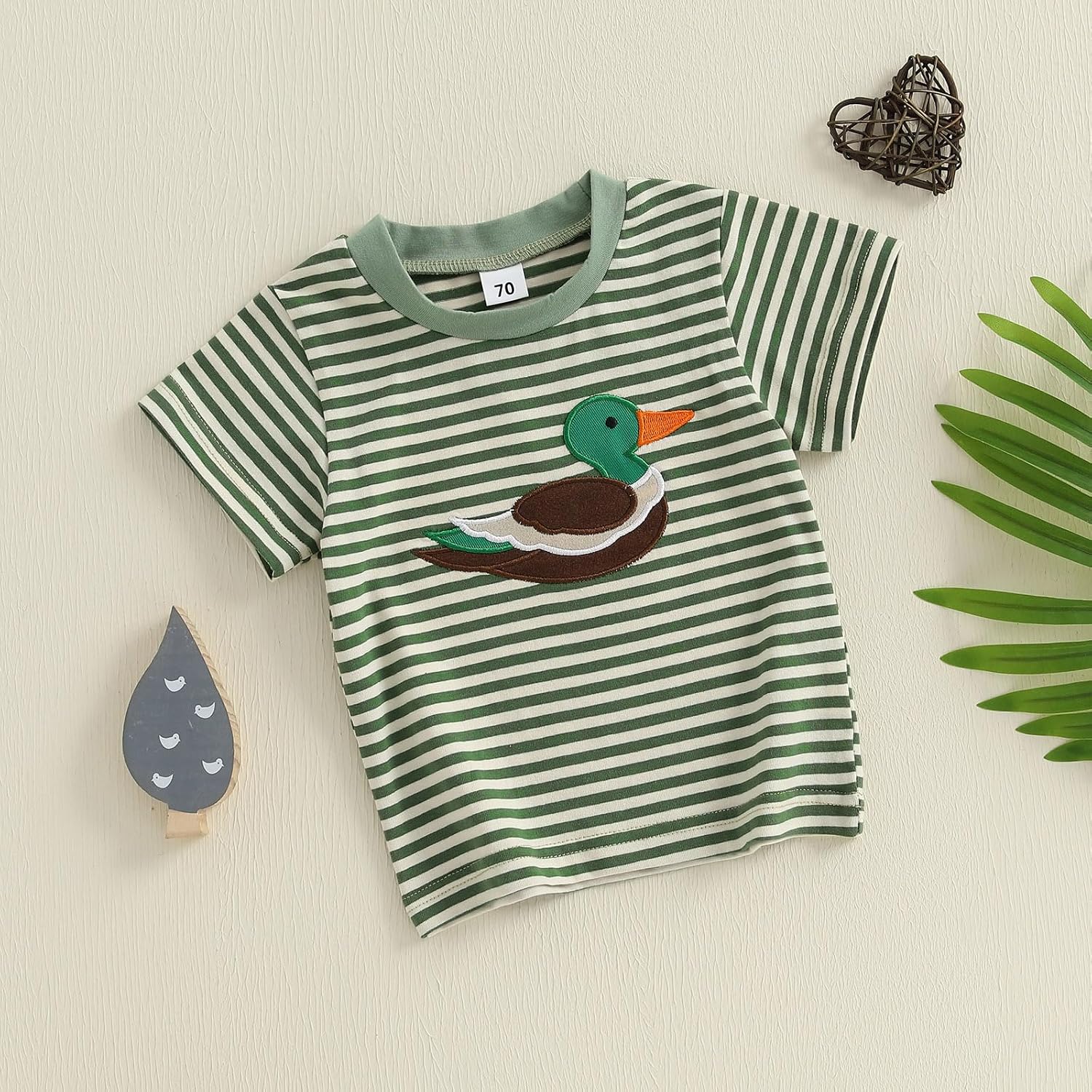 Toddler Baby Boy Girl T-Shirt Short Sleeve Mallard Duck Embroidery Striped Shirt Summer Hunting Baby Cotton Blouse Top
