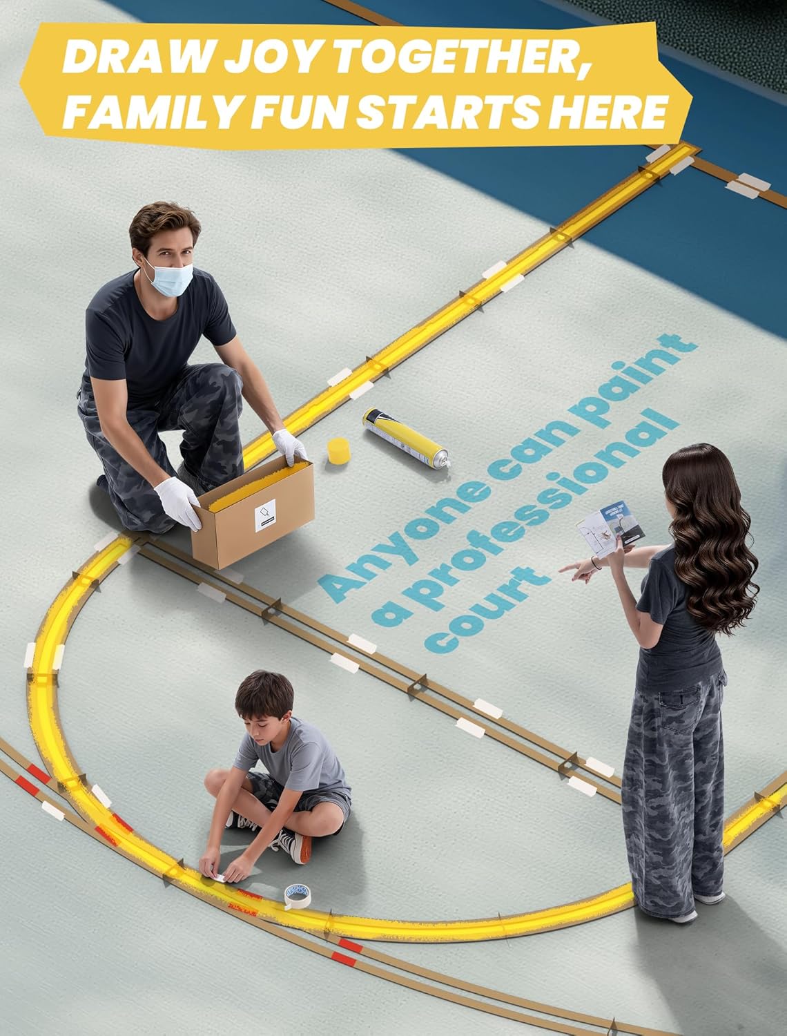 Quick Setup Backyard Basketball Court Marking Kit – Snap-Fit Stencils for Concrete,Asphalt,Residential Driveway,with Reusable & Easy Storage Cardboard (for High School)-Paint not Included