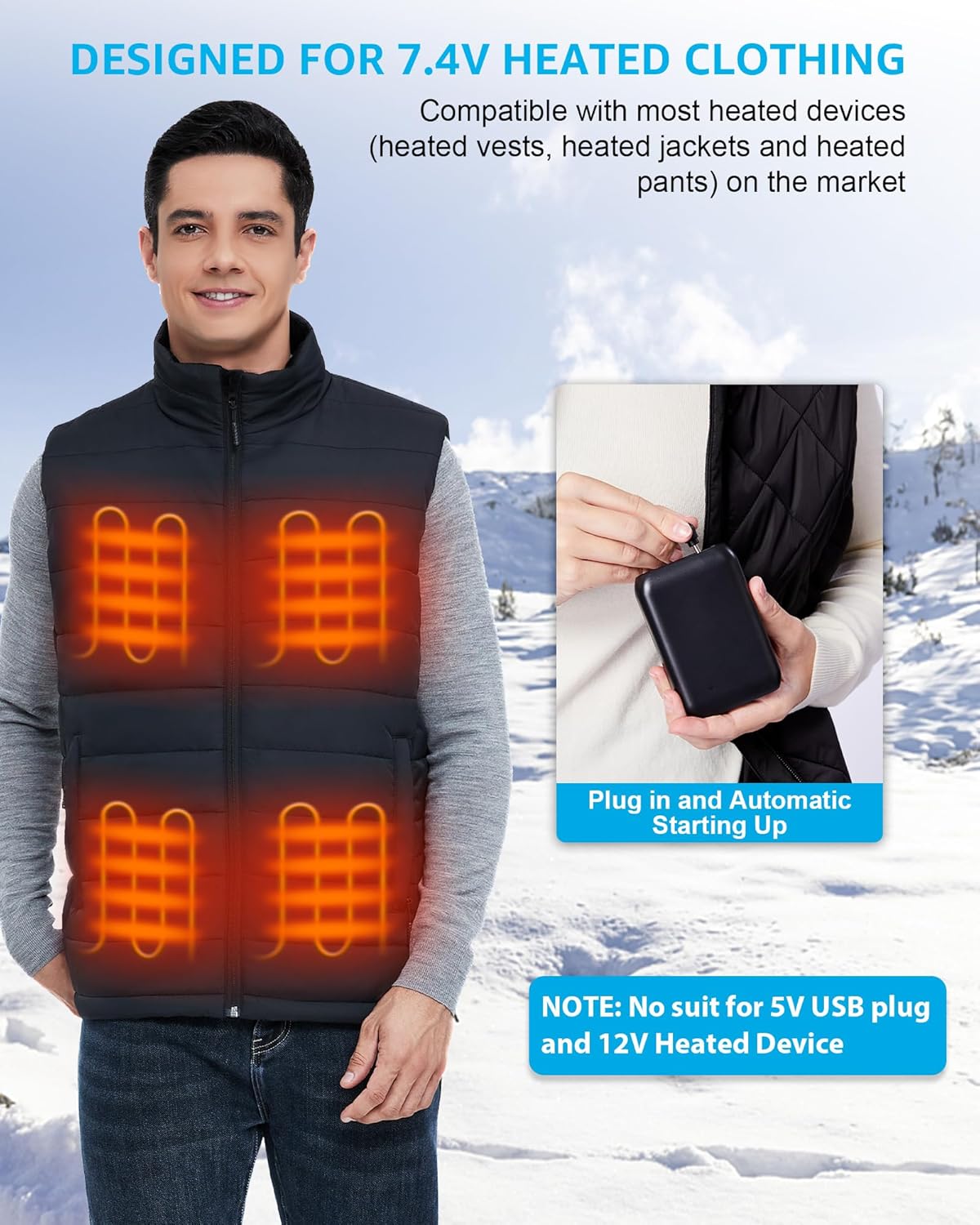 16000mAh 7.4V 5V Heated Vest Battery Pack Compatible with ORORO, 7.4V Battery Pack for Heated Vest with 2 Adapter Cable, 5V Rechargeable Heated Jacket Power Bank for Weamest, for Waitcoss, for Topdot - Image 2