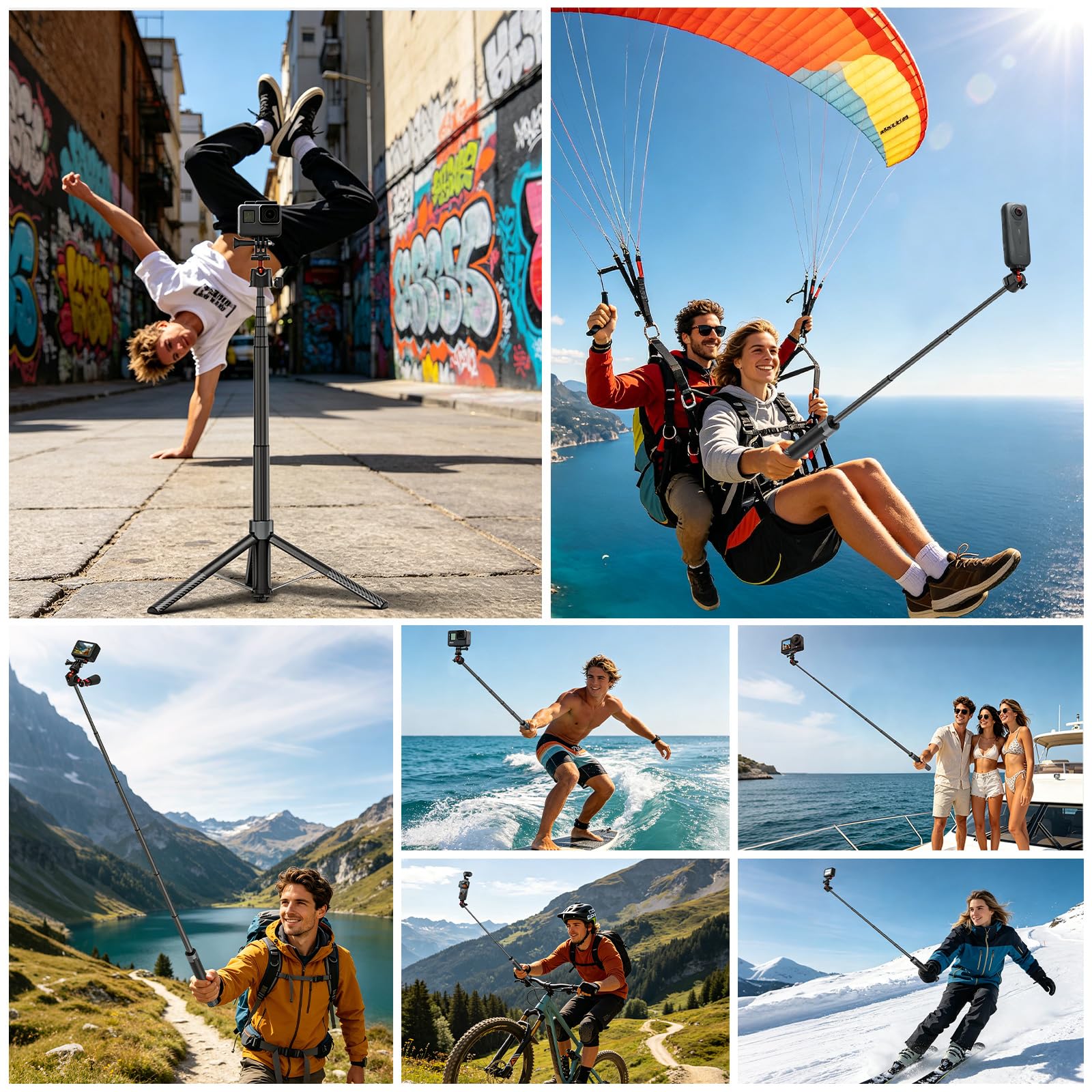 Bastone Selfie Treppiede 170cm per DJI Osmo Pocket 4 3 DJI Action 5 Pro/4 Insta 360 X5 X4 GoPro Hero 13/12/11/10 Black, Selfie Stick Treppiede da Viaggio/Supporto/Accessori 2-in-1 per Action Cam