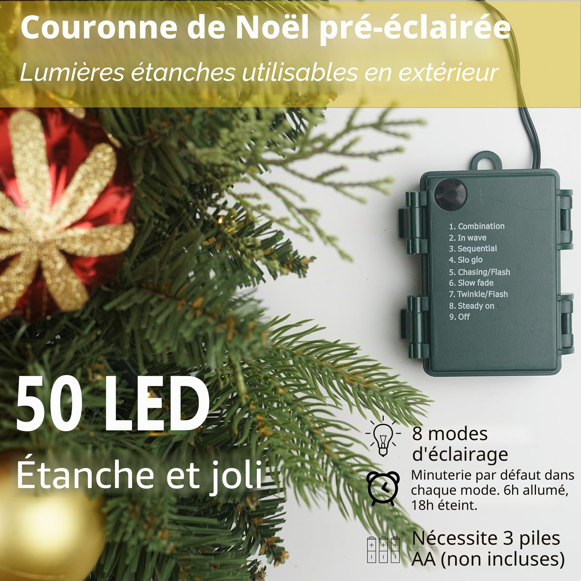 Couronne de Noël pré-éclairée de 61 cm avec 50 Pommes de pin Lumineuses et Boules Rouges dorées, couronnes de Noël artificielles pour Porte d'entrée avec lumières, Couronne pour décoration de Noël,
