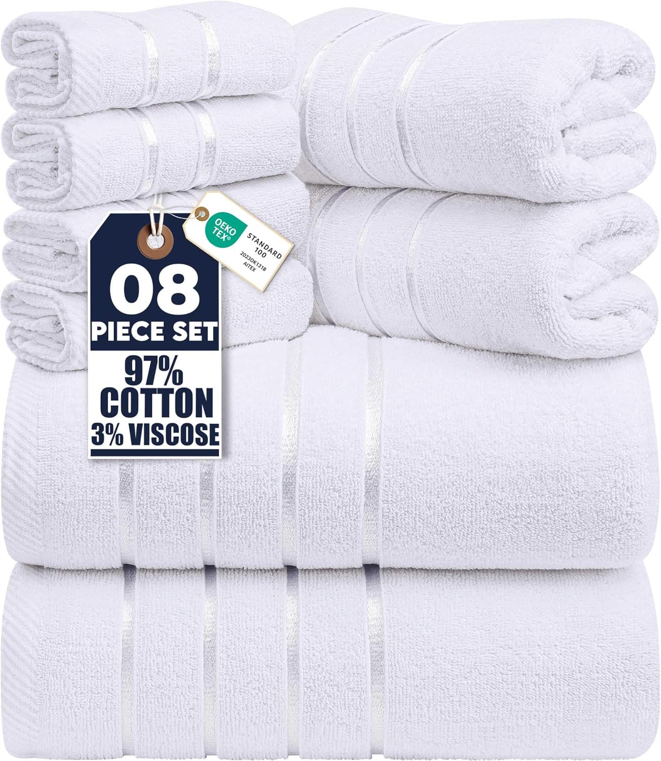 Utopia Towels 8-Piece Luxury Towel Set: 2 Bath, 2 Hand, 4 Washcloths, 600 GSM Cotton Viscose, Super Absorbent Stripe, White