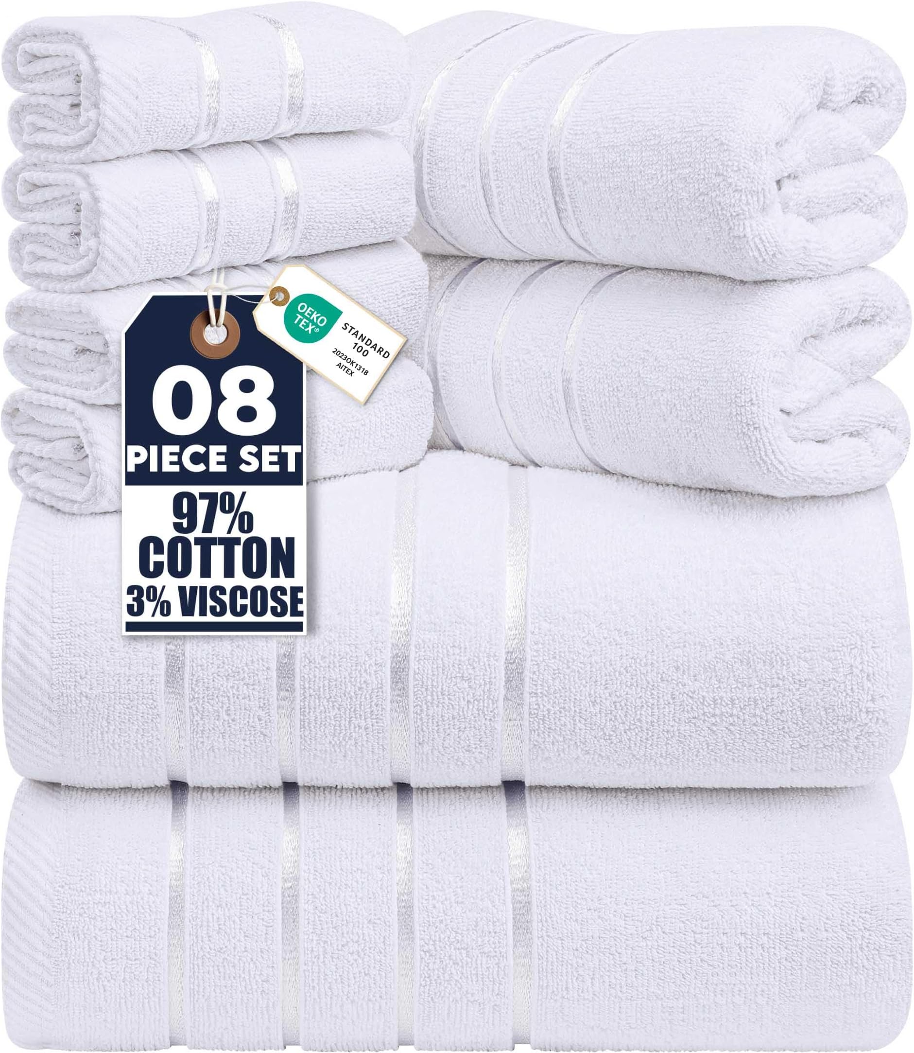 Utopia Towels 8-Piece Luxury Towel Set, 2 Bath Towels, 2 Hand Towels, and 4 Wash Cloths, 600 GSM Ring Spun Cotton Highly Absorbent Viscose Stripe Towels Ideal for Everyday use (White)