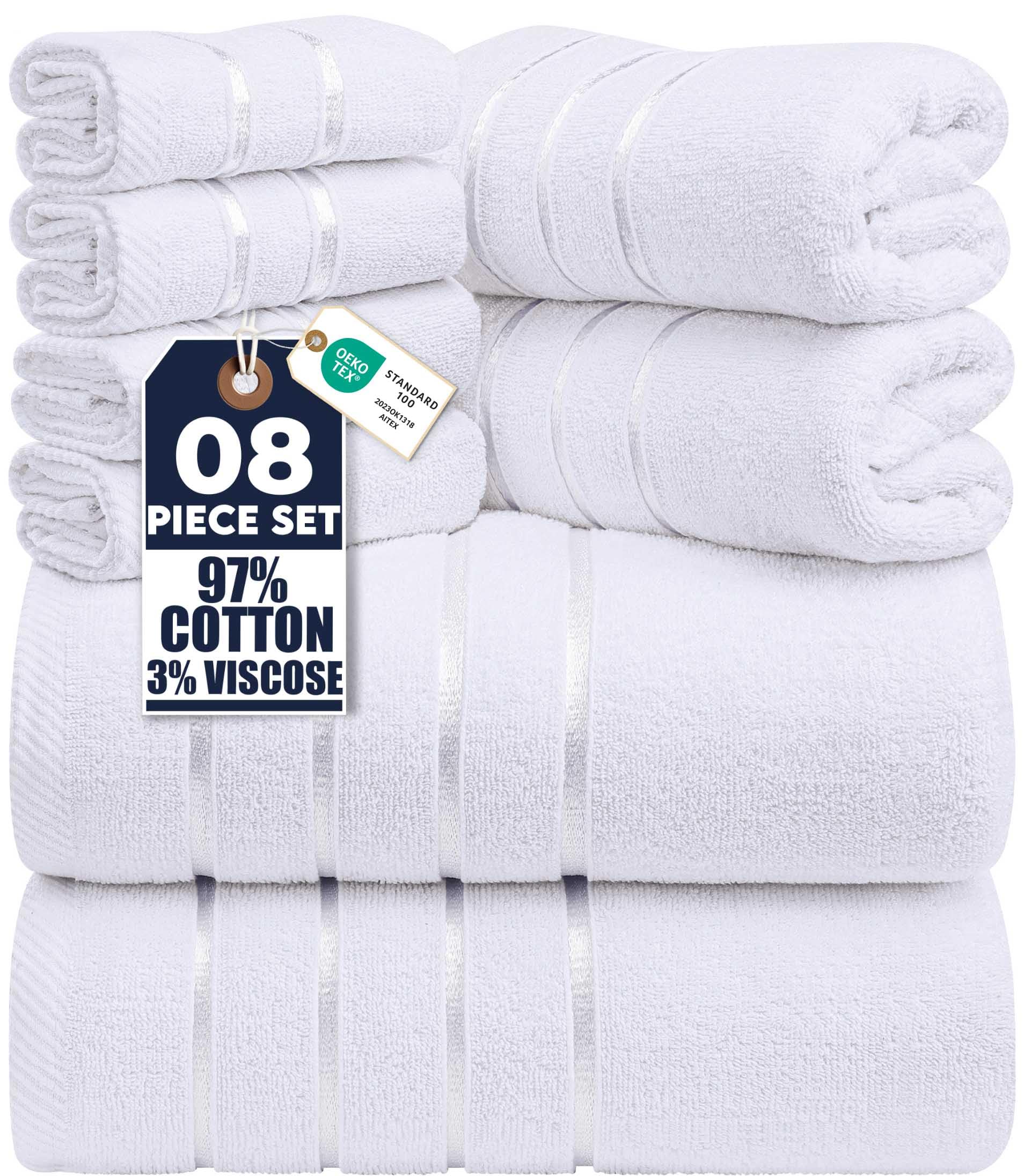 8-Piece Luxury Towel Set, 2 Bath Towels, 2 Hand Towels, and 4 Wash Cloths, 600 GSM Ring Spun Cotton Highly Absorbent Viscose Stripe Towels Ideal for Everyday use (White)