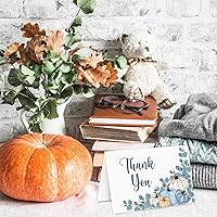 Vista 7 de AnyDesign Paquete de 36 tarjetas de agradecimiento de calabaza de otoño, color gris y azul, con calcomanías de sobre, hojas de eucalipto azules