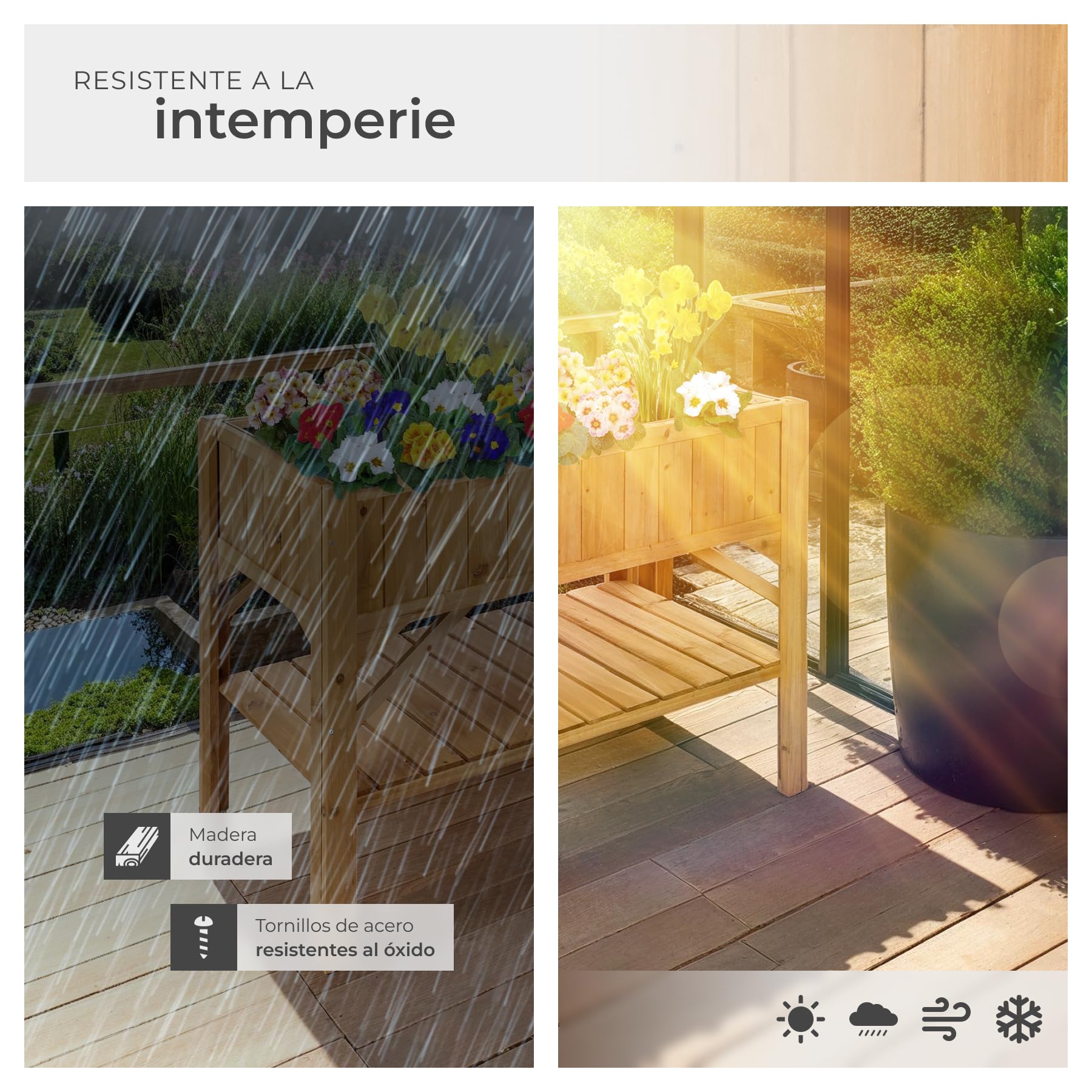tectake® Jardinera Exterior de Madera, Cama Elevada con Inserto Protector, Jardinera con Lámina de Protección y Estantería, Resistente a Viento e Intemperie, Ideal Huerto Urbano, Macetero,119x57x90cm