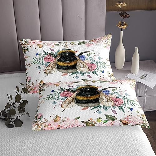 Miniatura 3 de Erosebridal Juego de edredón para niños con bonito diseño de animales y abejas dulces, juego de ropa de cama floral rosa y rosa, juego de colcha con