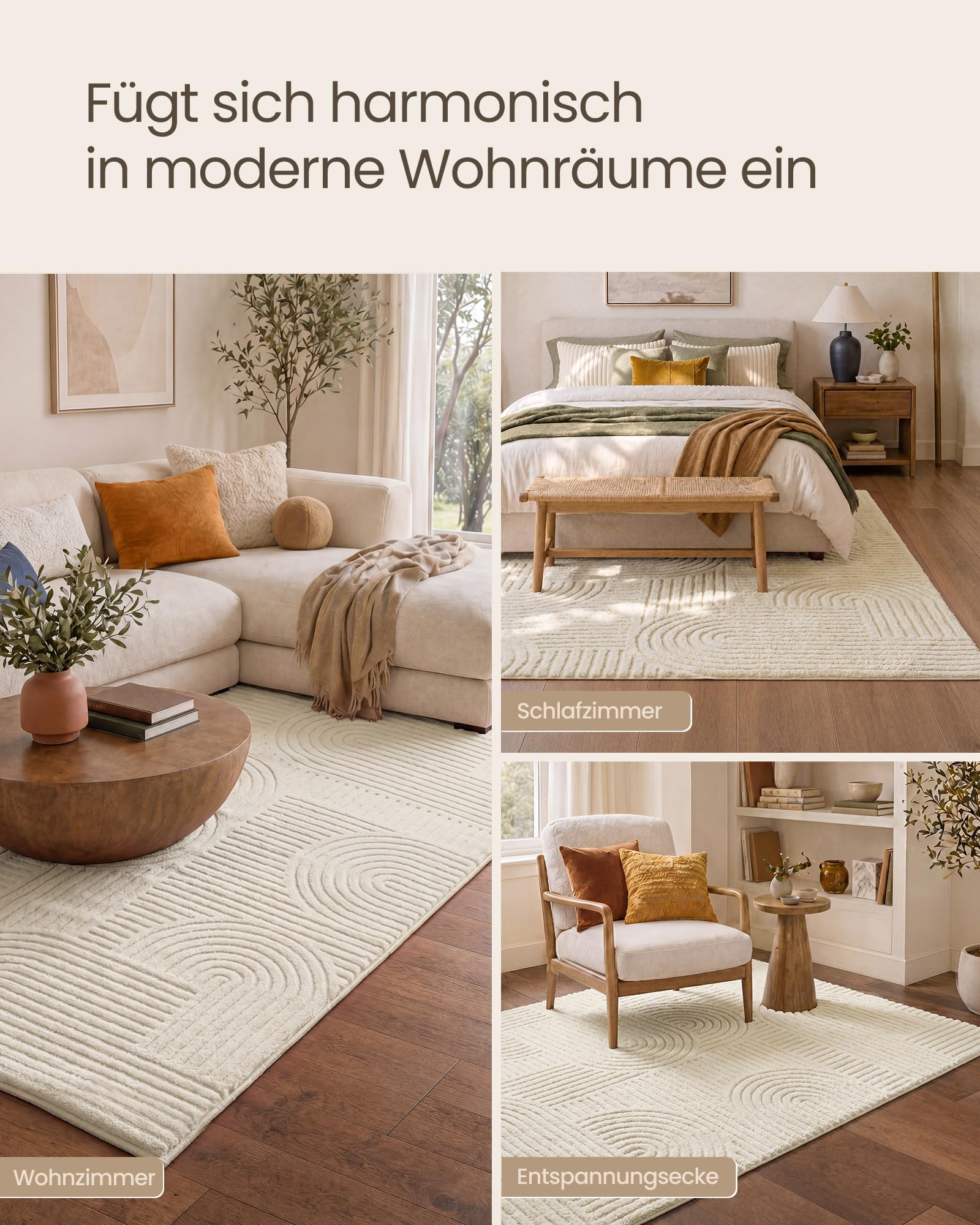 SONGMICS Teppich, 3D Hoch-Tief-Flor, Geometrisches Muster, 230 x 160 x 1 cm | Maschinenwaschbar, Rutschfeste TPR-Rückseite, für Wohnzimmer und Schlafzimmer, Cremeweiß, HILA Kollektion TAR134WZ02
