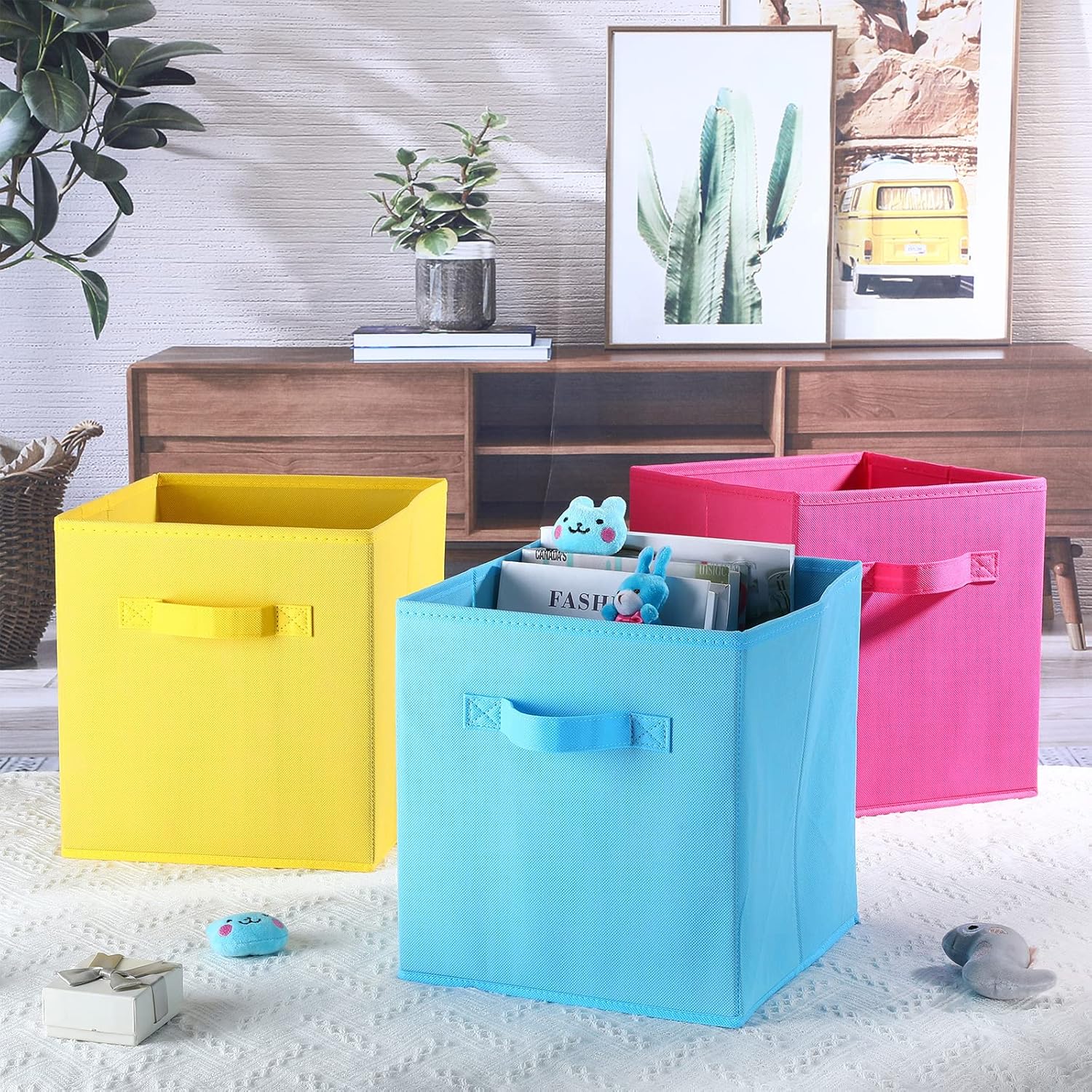 Gerrii 11 Inch Fabric Storage Cubes - 12 Pack Sturdy Collapsible Bins with Handle - Foldable Baskets for Organizing Clothes, Toys, Books -12 Colors Storage Baskets for Shelves, Room, Closets