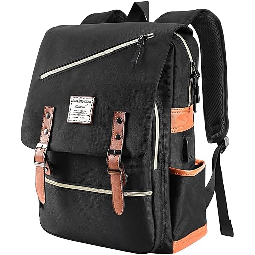 Vintage Laptop Backpack with USB Charging Port, Backpack for College Fits up to 15.6 Inch Laptop Computer Backpack Casual Rucksack for Men Women (Black)