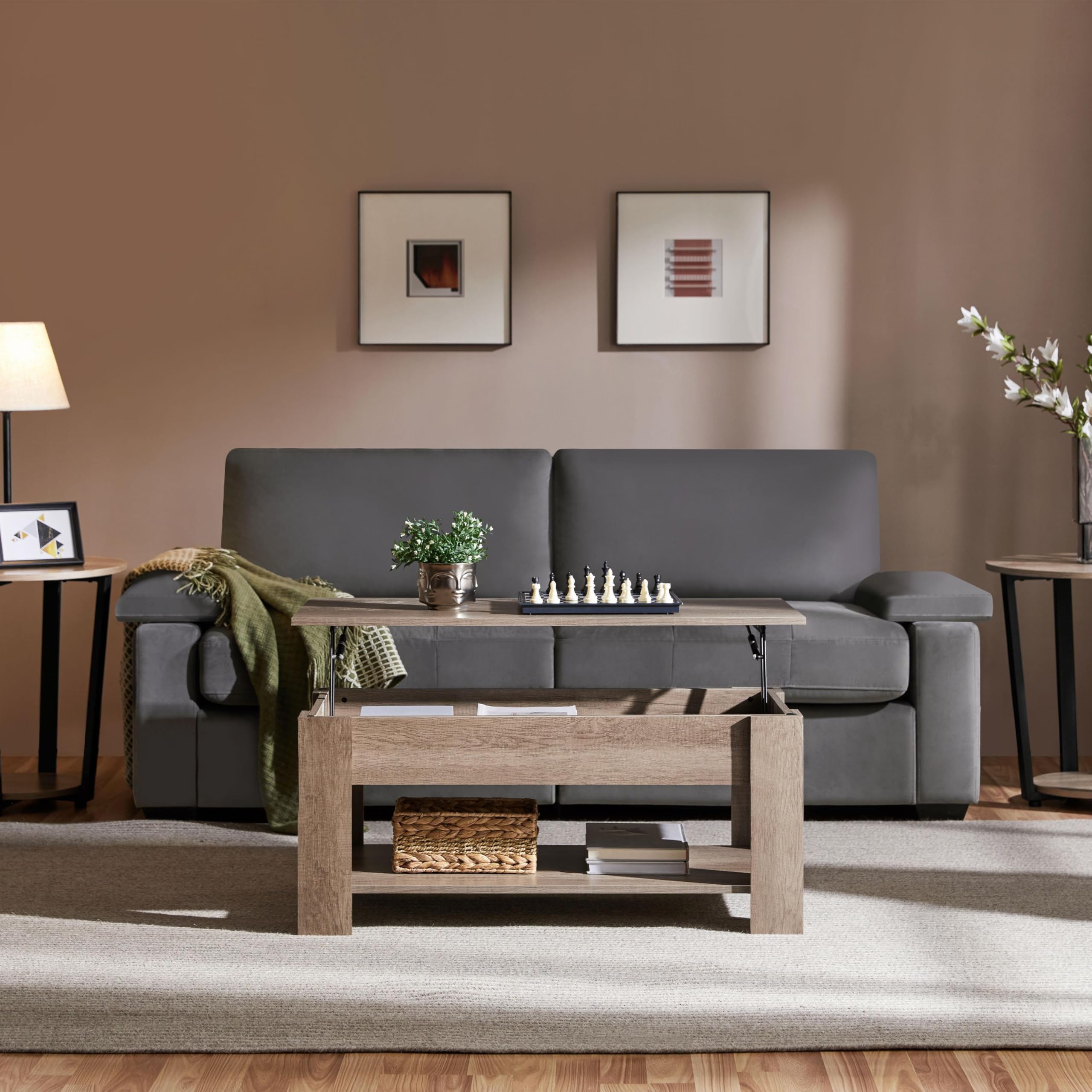 Yaheetech Tavolino da caffè sollevabile ed estensibile con portariviste 98 x 50 x (41,8 – 56) cm Tavolo da soggiorno o sala da pranzo, tavolino da caffè con ripiano nascosto grigio