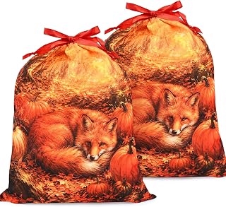 KzgtY Thanksgiving Fox Pumpkin 2PCS Gift Bags with Drawstring, 16 x 12 Inch Reusable Present Sacks for Christmas,Brithday, Holidays,Parties & Gift Packaging