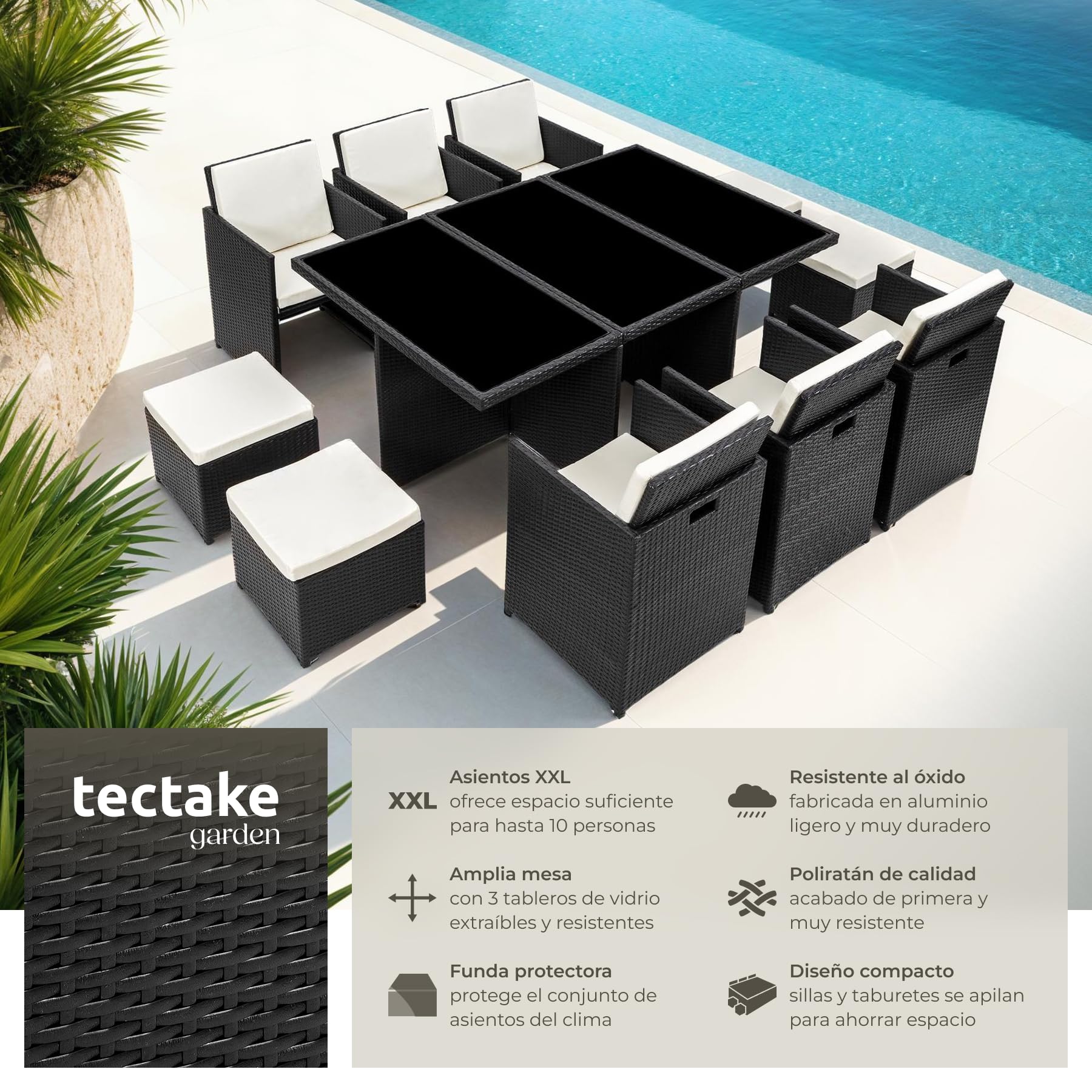 tectake® Conjunto Jardín Exterior de Ratán y Aluminio, Muebles Jardín Exterior Resistentes a la Intemperie, para hasta 10 Personas, con 2 Juegos de Fundas y Funda Protectora - Negro