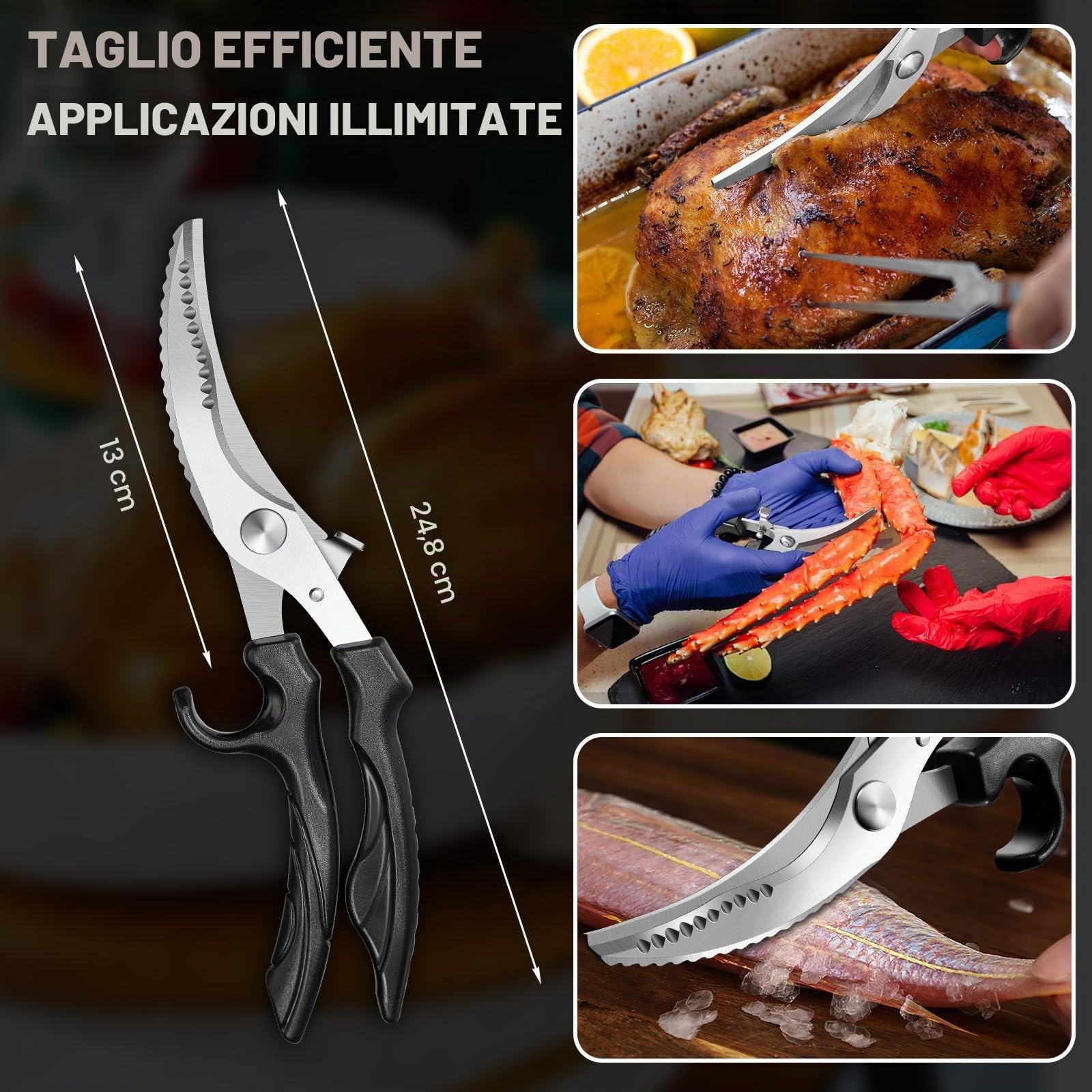 PURPLEBIRD Forbici da Cucina Professionali in Acciaio Inossidabile, con Blocco di Sicurezza, Lama Seghettata, Forbici da Cucina Acciaio inox Adatte per Carne, Verdure e Ossa