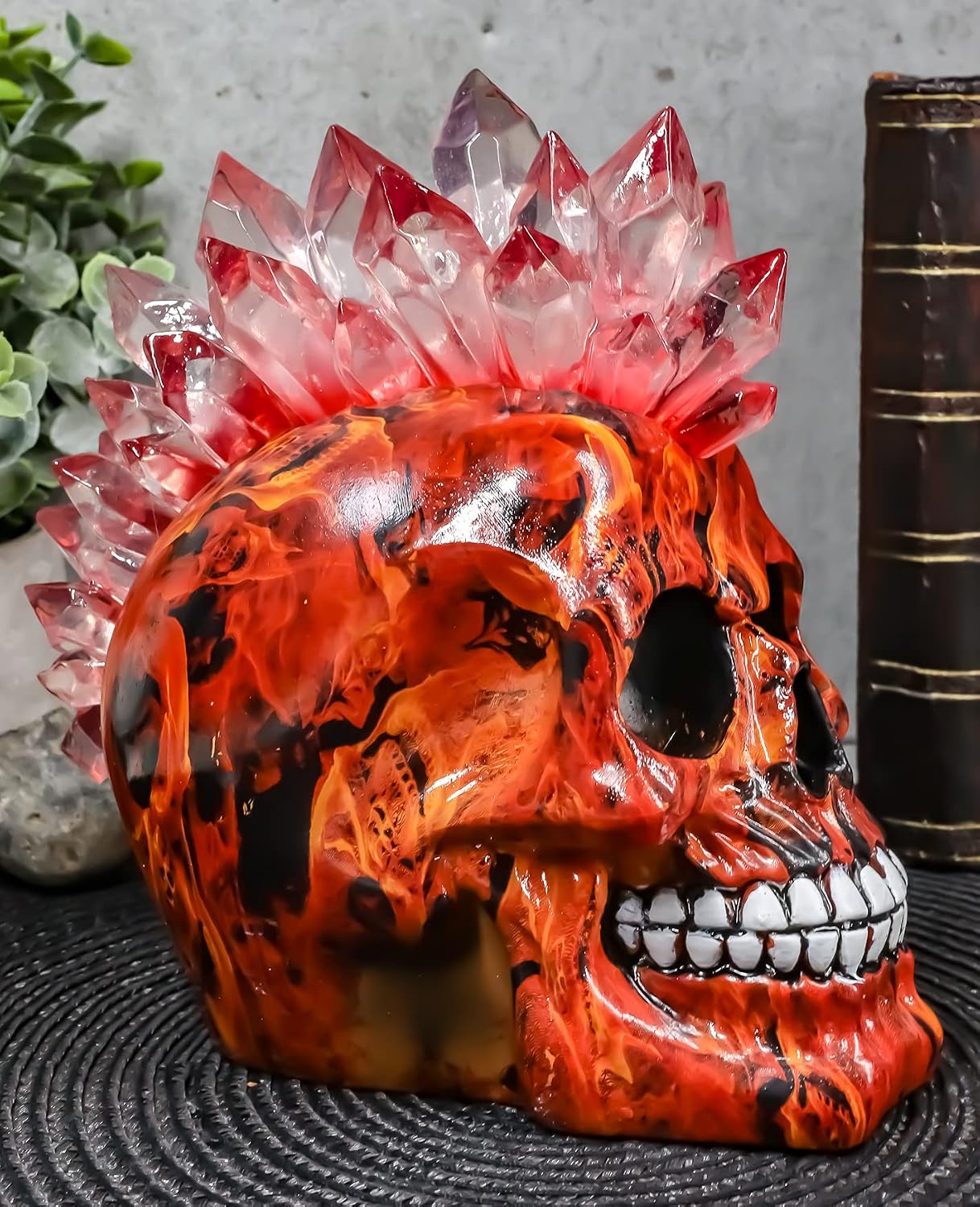 Ebros Colorful LED Light Mohawk Crystal Punk Hair Red Inferno Devil Cranium Skull Figurine As Halloween Ossuary Macabre Demon Ghost Hell Biker Decor Night Light Collectible of Skulls Skeletons