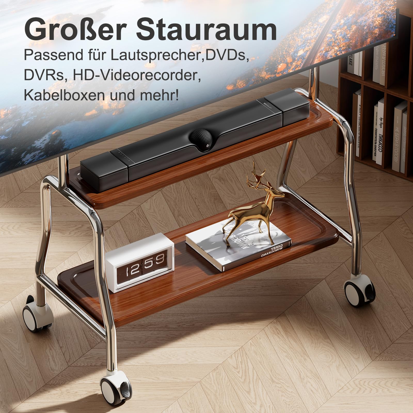 TV Ständer Rollbar für 32-75 Zoll Plasma/LCD/LED Fernseher, Mobiler TV-Ständer mit Doppelten Tablett und Lochplatte, Geeignet für Geschäfte, Wohnungen, Büros, Tragkraft 50 kg Max VESA: 600 * 400mm