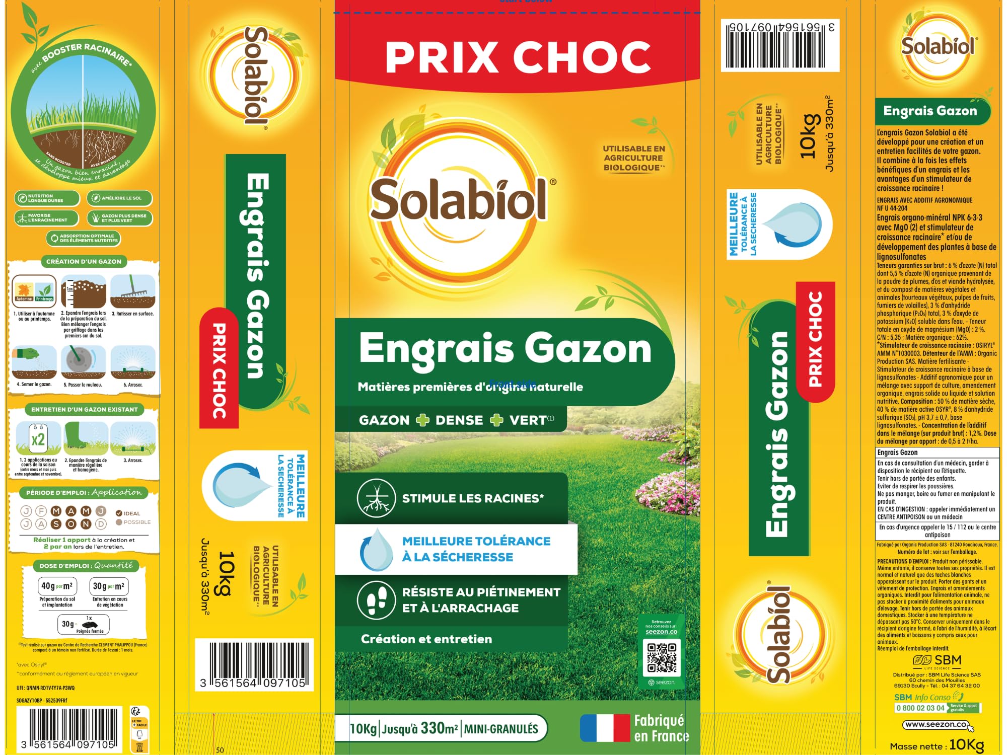 SOLABIOL Engrais Gazon Longue Durée - Sac 10 Kg - Jusqu'à 330m² - Améliore la tolérance à la sécheresse - Résiste au piétinement - Gazon Plus Dense & Plus Vert SOGAZY10BP