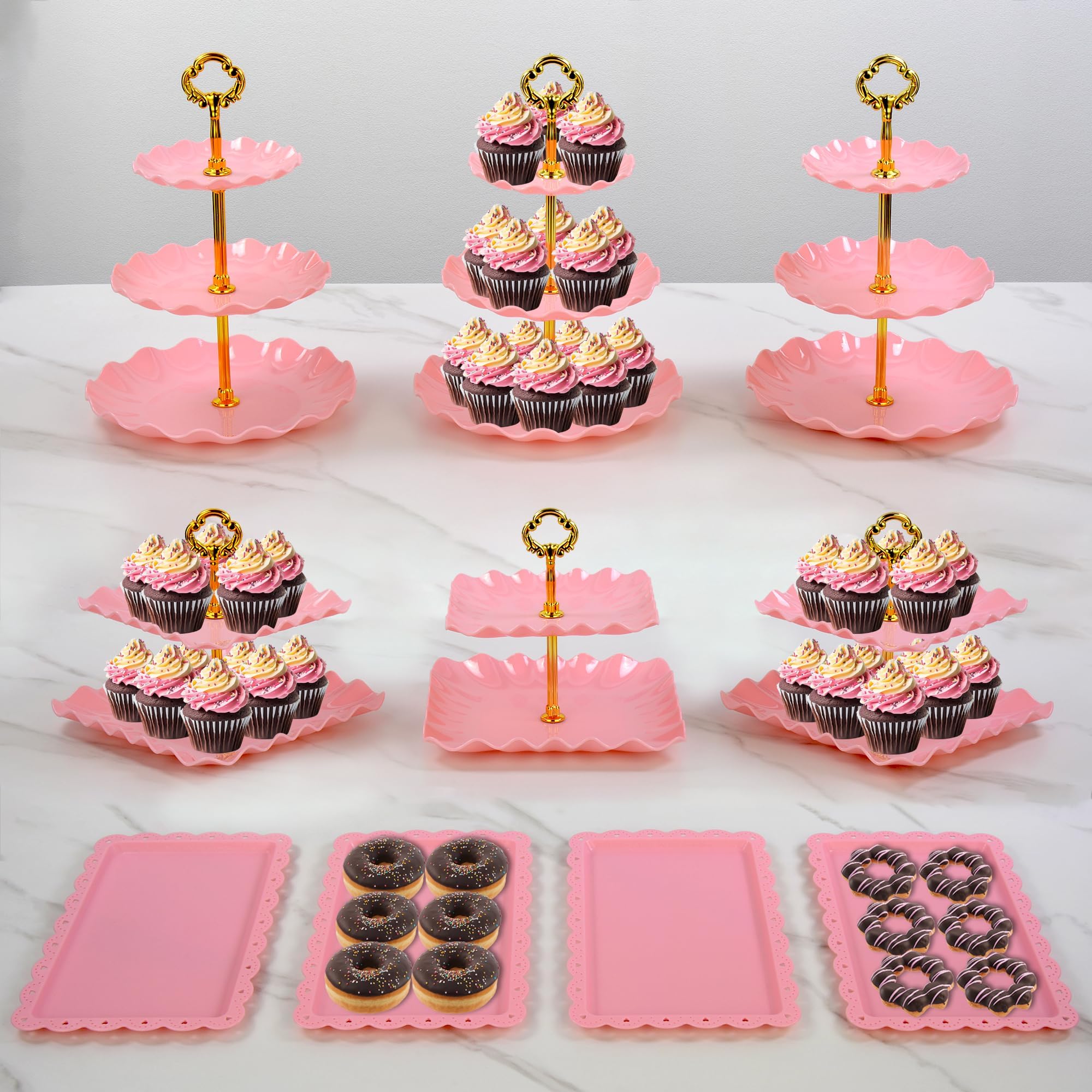 Pack of 10 NWK Cake Stand Set, with 3 x Two-Tier and 3 x Three-Tier Cupcake Stands, 4 x Appetizer Trays, 1 x Tablecloth for Birthday Bridal Baby Shower Party (Pink)