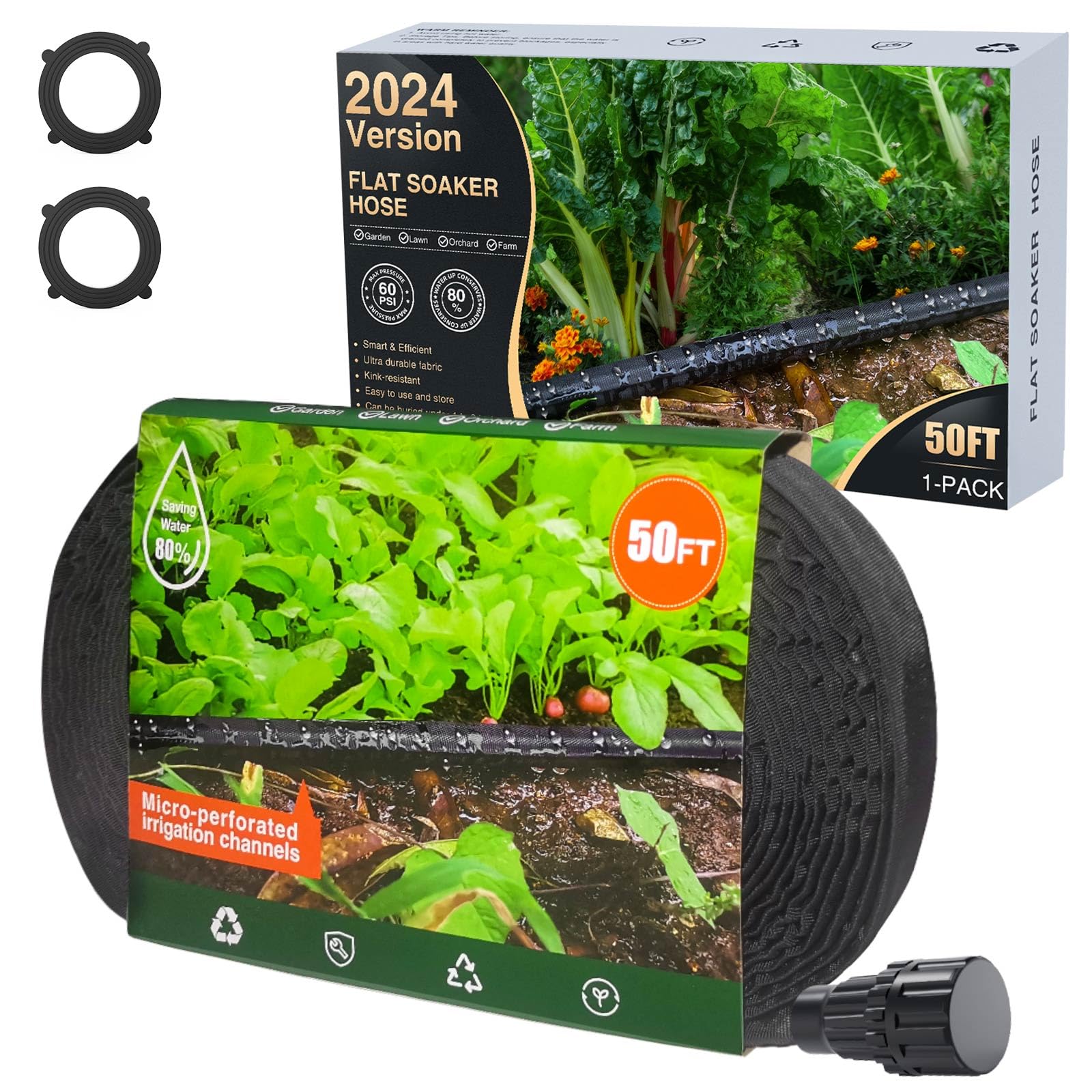 Lefree Soaker Hose 50ft for Garden Beds, Soaker Hose for Foundation Watering, 2024 Version Flat Soaker Hose Save 80% Water, Lightweight Durable Drip Hose for Lawn, Plants (50FT*1Pack)