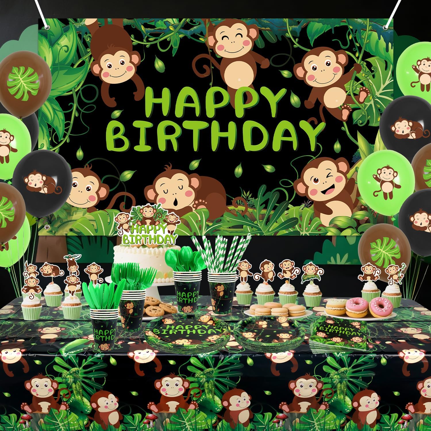 Monkey Birthday Decorations, Monkey Party Decoration, Plates Cups Napkins Tablecloth Happy Birthday Backdrop Balloon Cake Toppers for Wild Jungle Animal Theme Supplies, Serves 20 - Image 6