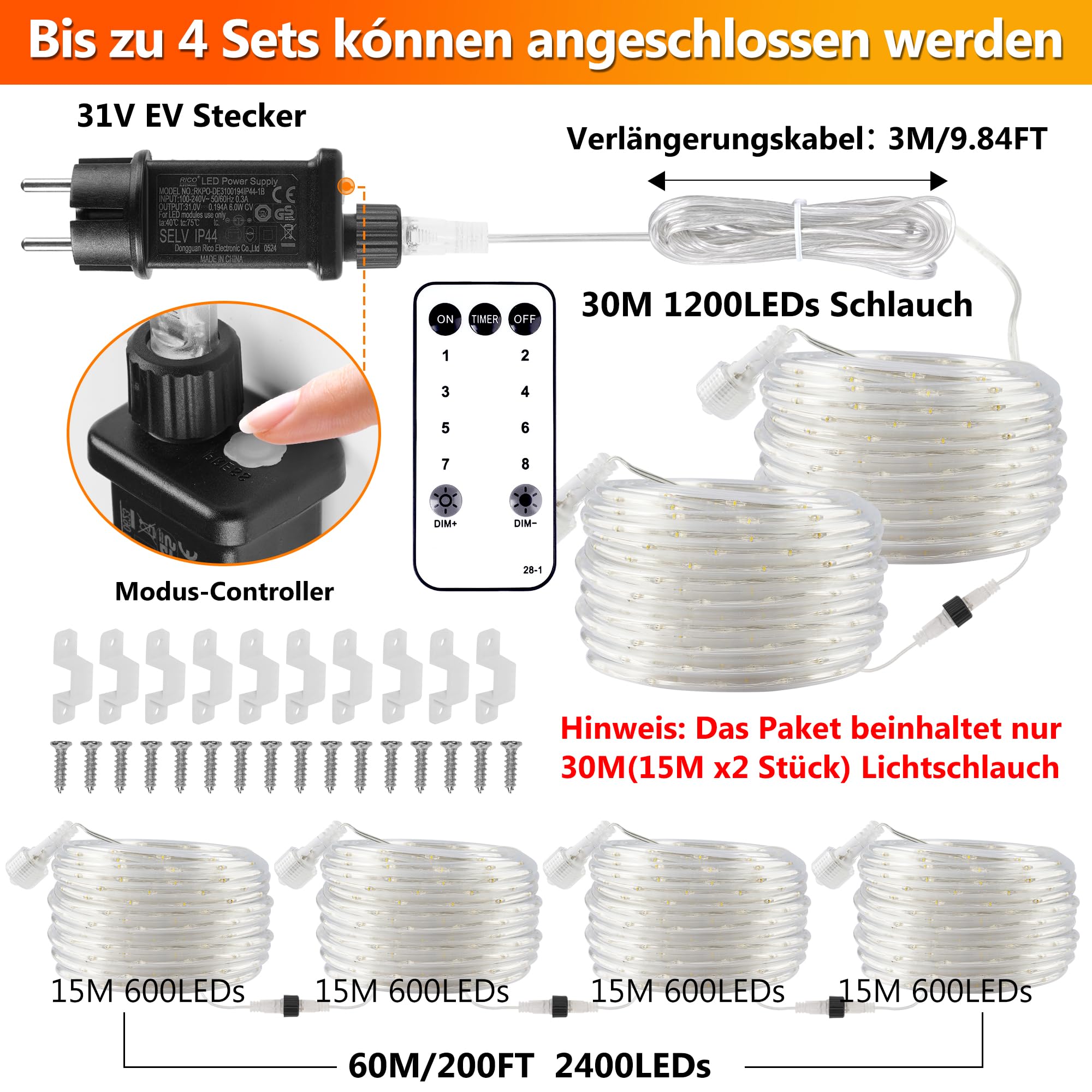30 m 1200 LED manguera cadena de luz exterior conectable, luz blanca cálida LED manguera de luz corriente con mando a distancia temporizador, 8 modos IP68 exterior, funciona con electricidad para